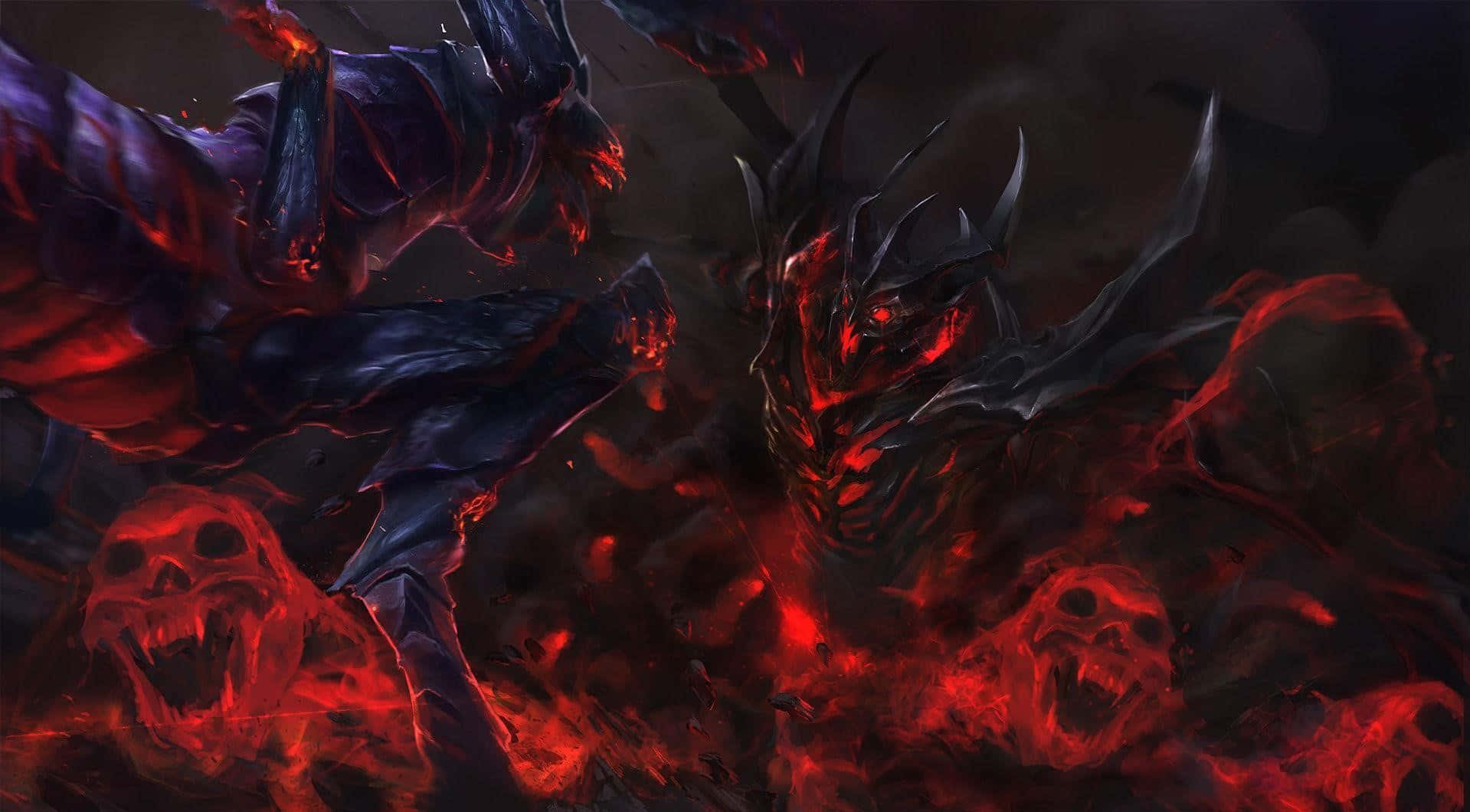Shadow Fiend 桌布 壁紙 — 兩個惡魔般的身影，有著發光的紅眼睛和鋸齒狀的角，在旋轉的紅色火焰和尖叫的頭骨中碰撞。
