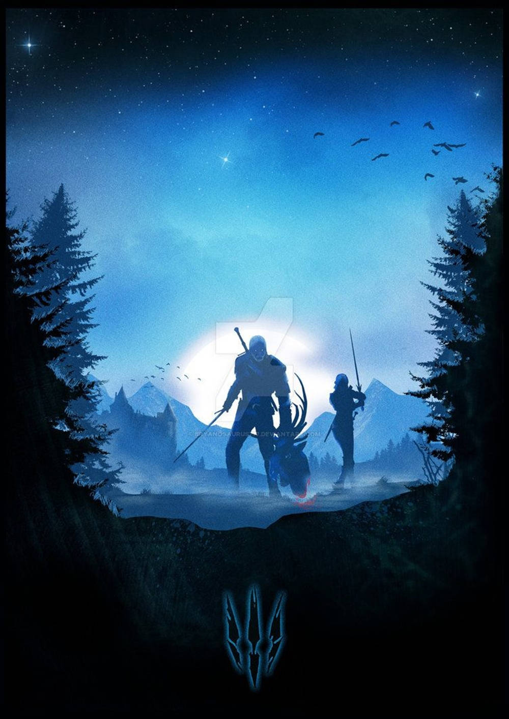 Silhouette 桌布 壁紙 — 兩個戰士在雪地森林中，在繁星點點的夜空下，以發光的月亮為背景形成剪影。