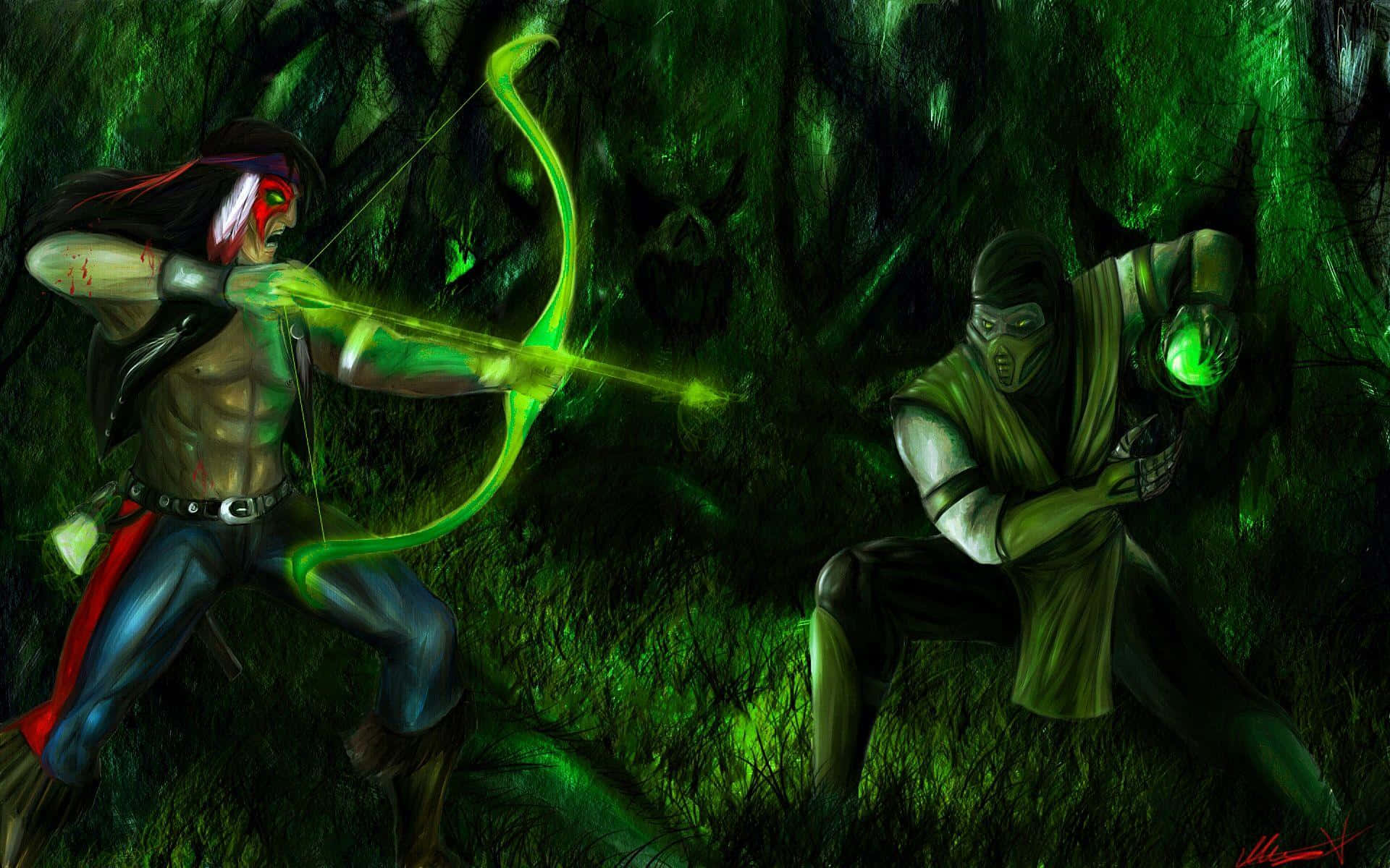 Mortal Kombat Reptile 桌布 壁紙 — 兩個戰士在黑暗的森林中交鋒，一個向另一個射出發光的綠色箭矢，另一個手持綠色球體。