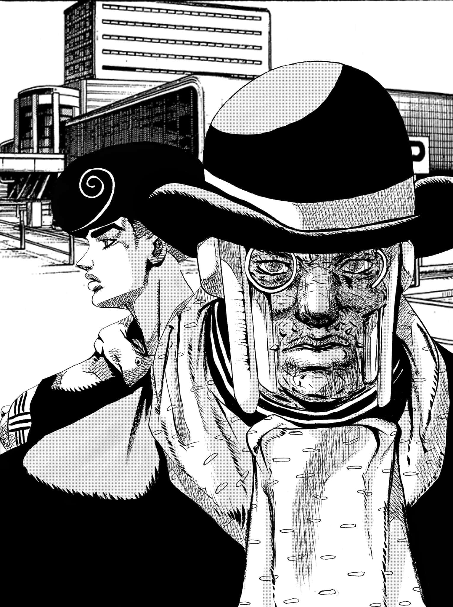 Jojolion 桌布 壁紙 — 兩個戴帽子的動漫角色站在一個黑白分明的城市場景中，帶有細緻的線條和半色調陰影。