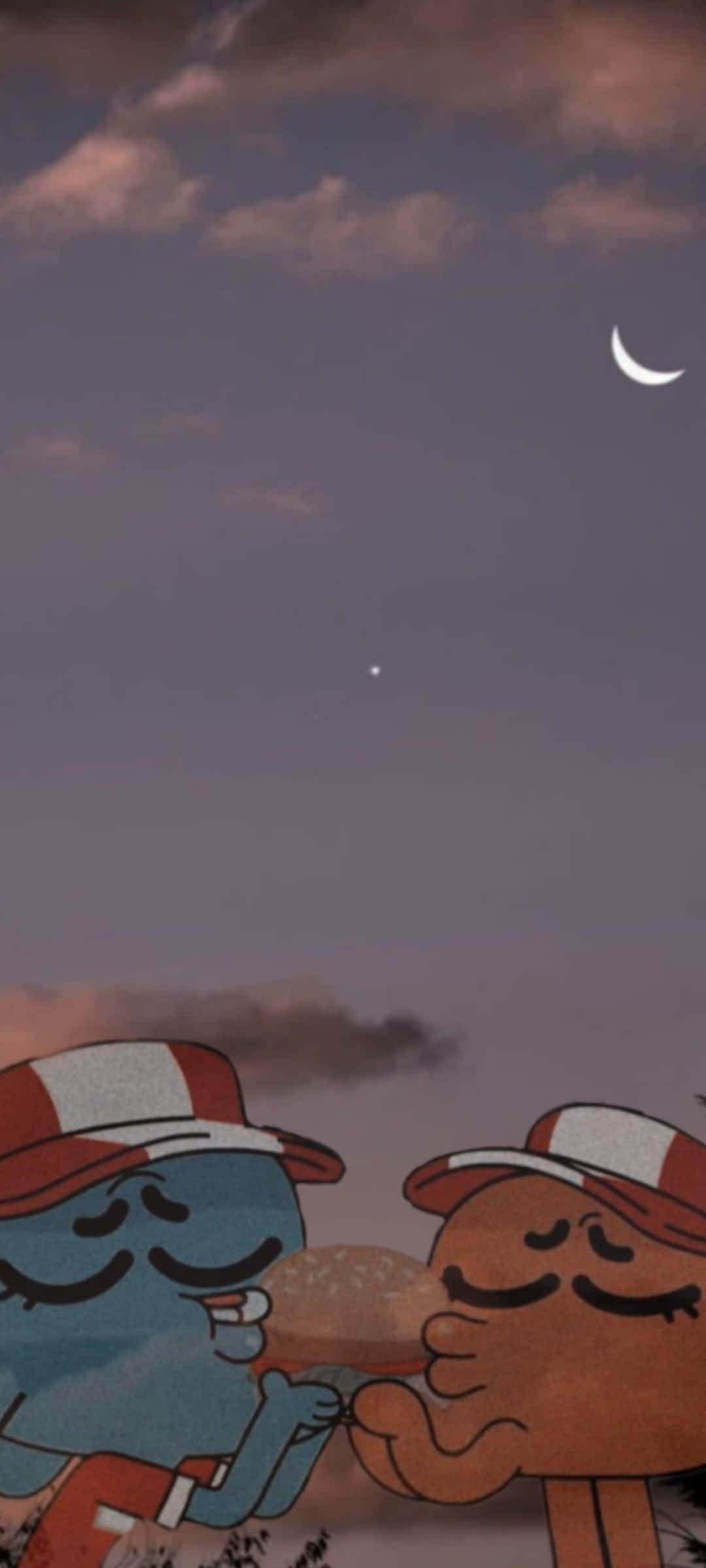 Gumball And Darwin 桌布 壁紙 — 兩個戴帽子的卡通角色在黃昏天空下分享一個漢堡，天空有新月和星星。