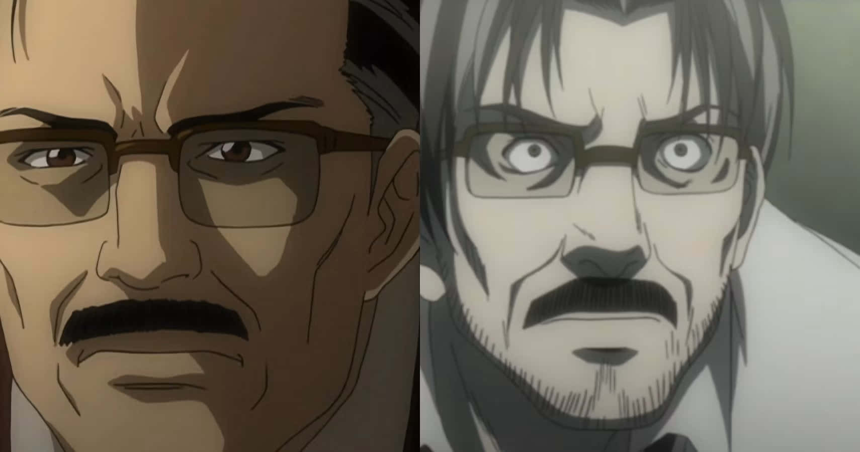Soichiro Yagami 桌布 壁紙 — 兩個戴眼鏡和鬍鬚的男人的分屏動畫肖像，一個冷靜，另一個震驚