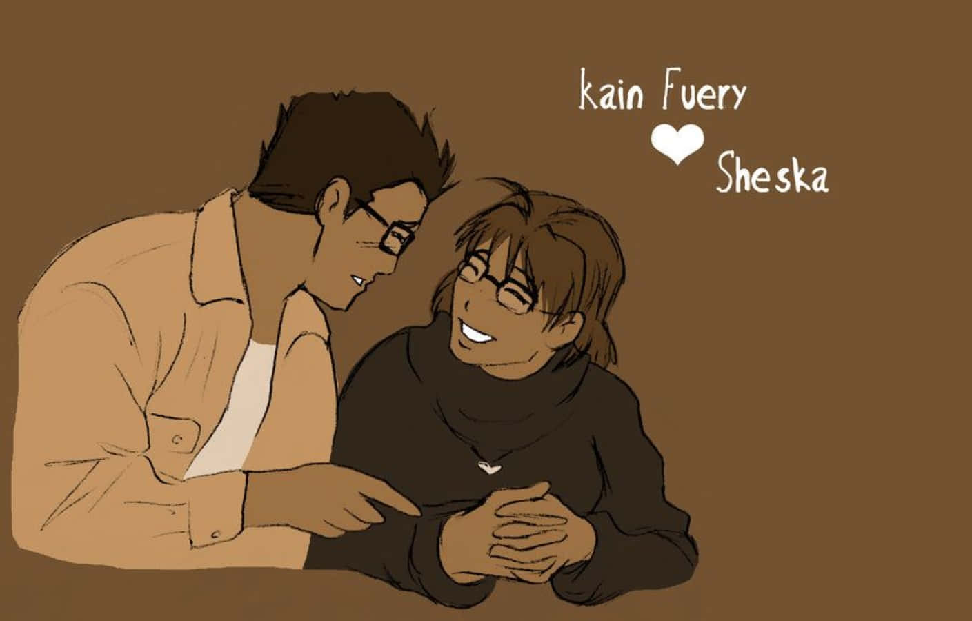 Kain Fuery 桌布 壁紙 — 兩個戴眼鏡的動漫角色在純棕色背景前分享溫馨親密的時刻。