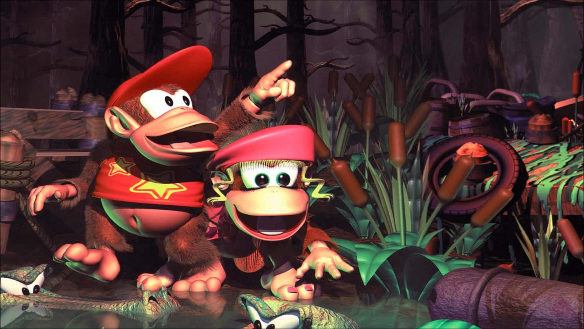 Diddy Kong 桌布 壁紙 — 兩個戴紅帽和頭巾的快樂猴子角色蹲在一個充滿發光植物和破損機器的黑暗沼澤叢林中。