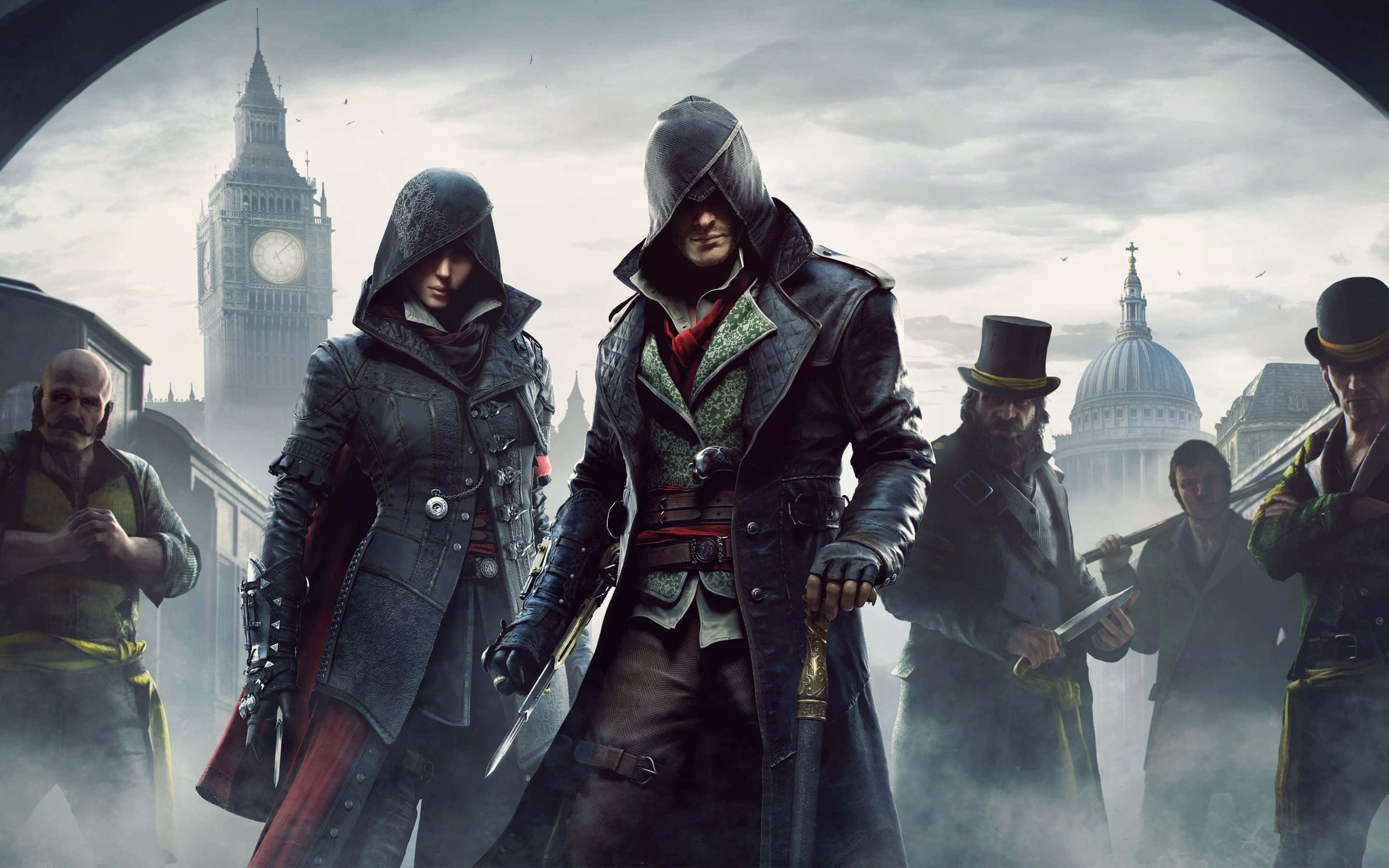 Evie Frye 桌布 壁紙 — 兩個戴著兜帽的刺客在霧氣瀰漫的倫敦中準備就緒，大笨鐘和聖保羅大教堂在他們身後若隱若現。