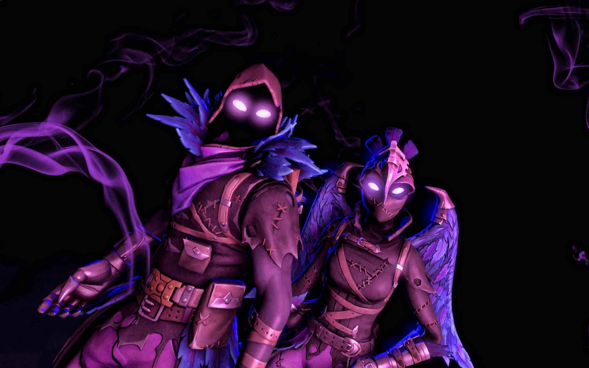 Fortnite 桌布 壁紙 — 兩個戴著兜帽的裝甲人物，眼睛發光，紫色煙霧在他們周圍盤旋，背景為黑色。