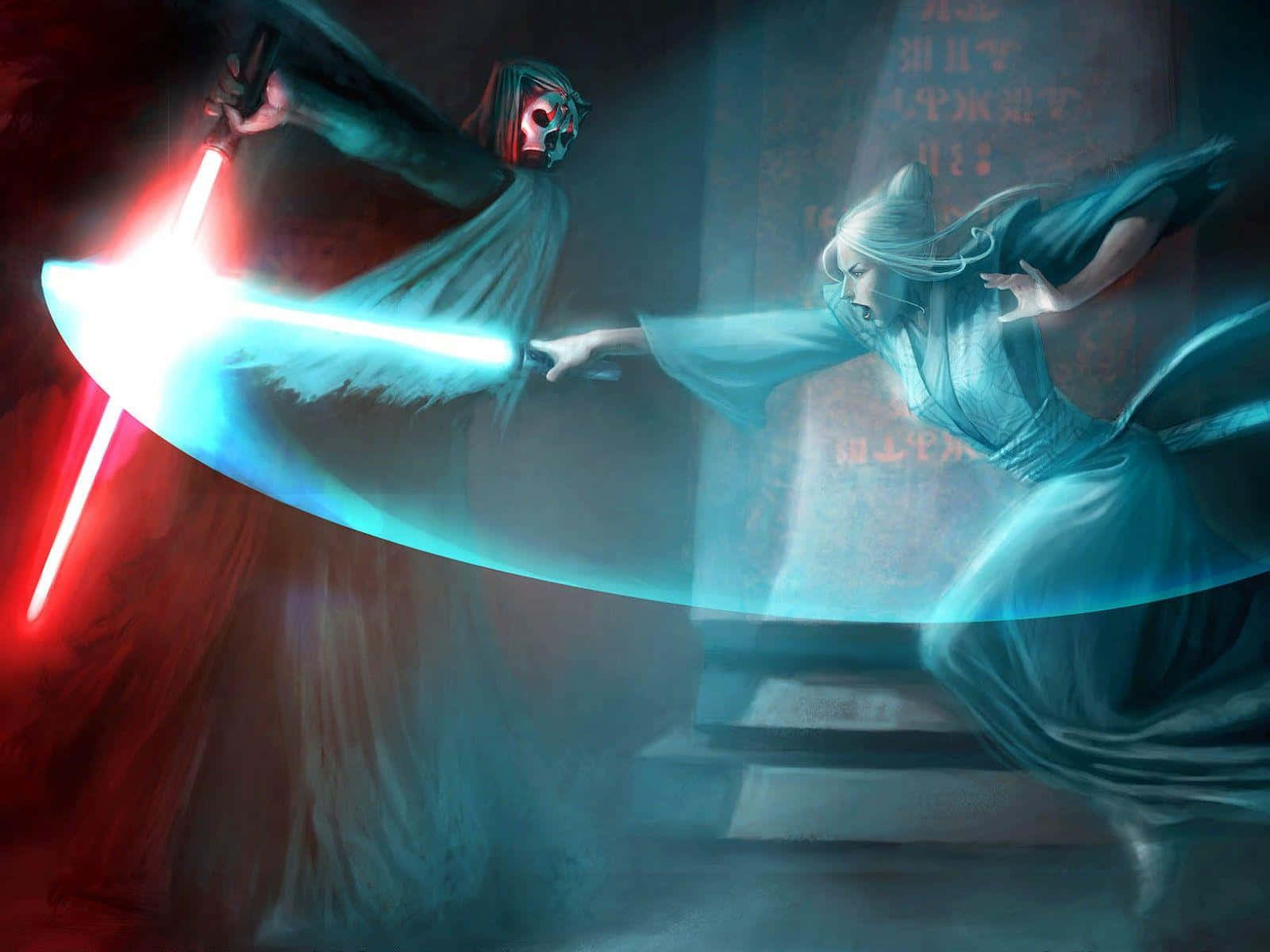Lightsaber Duels 桌布 壁紙 — 兩個戴著兜帽的身影在昏暗的寺廟中交鋒，發光的紅色和藍色光劍在石階上投射出戲劇性的光芒。