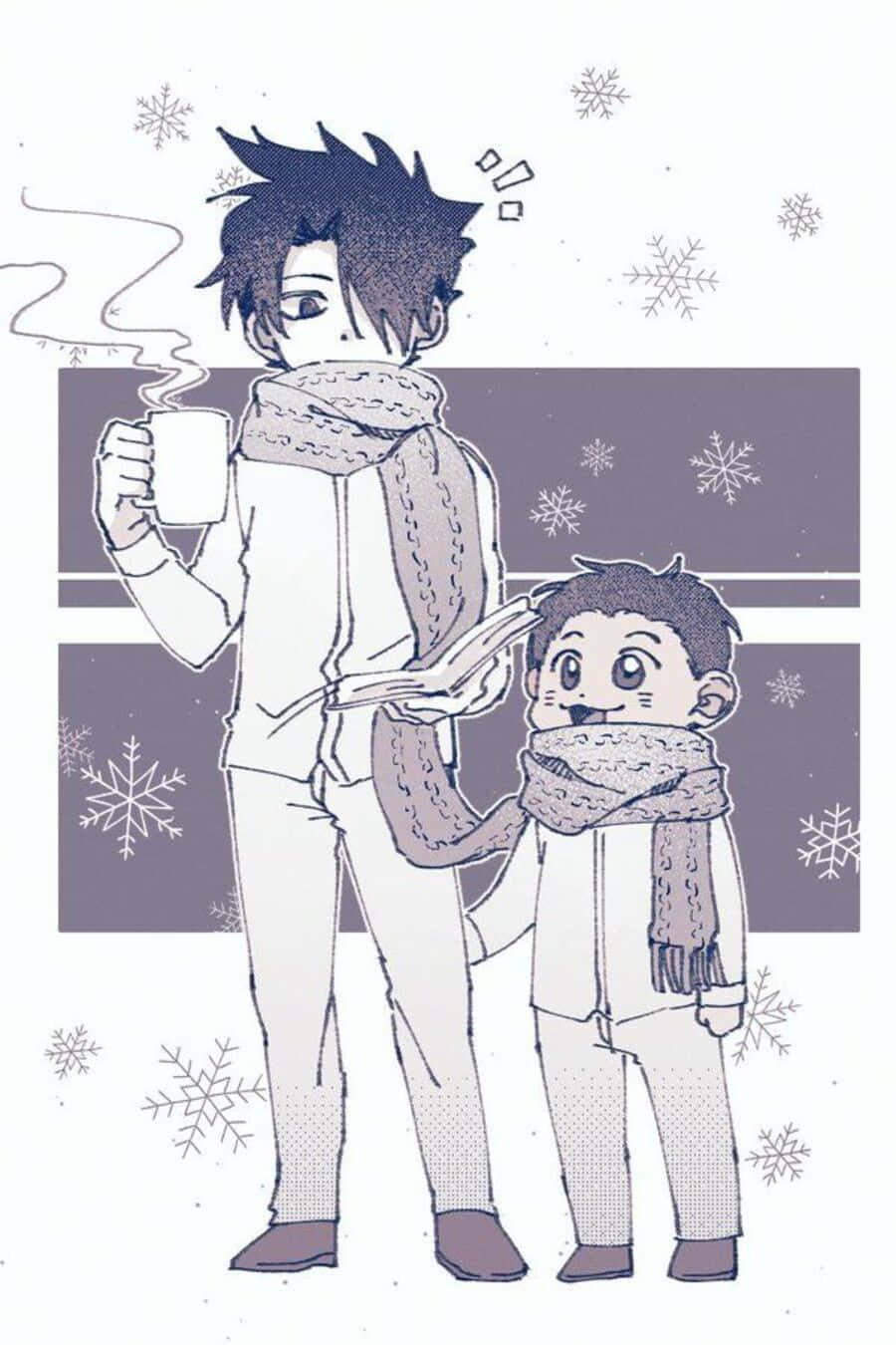 The Promised Neverland Phil 桌布 壁紙 — 兩個戴著圍巾的動漫角色在飄雪的冬日背景下喝著熱飲。