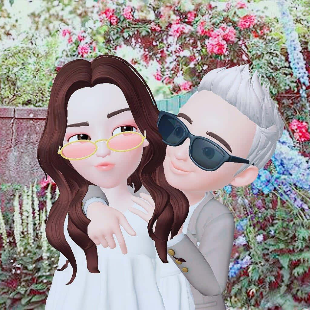 Zepeto 桌布 壁紙 — 兩個戴著太陽眼鏡的風格化頭像在充滿粉紅色和藍色花朵的 vibrant 花園中俏皮地擺姿勢。