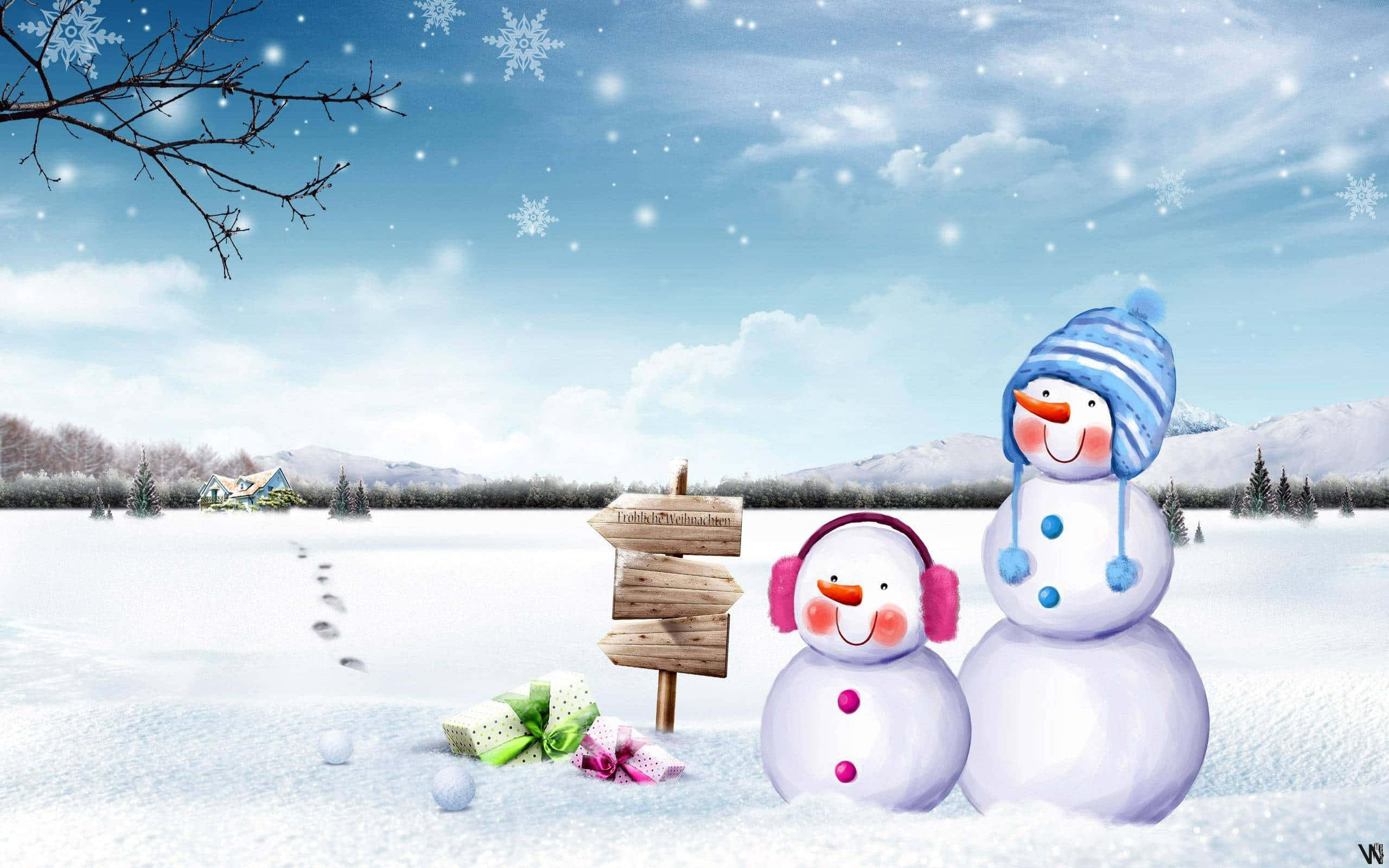 雪人 桌布 壁紙 — 兩個戴著帽子和耳罩的快樂雪人站在雪地裡，雪花飄落，附近有一個木牌和禮物。
