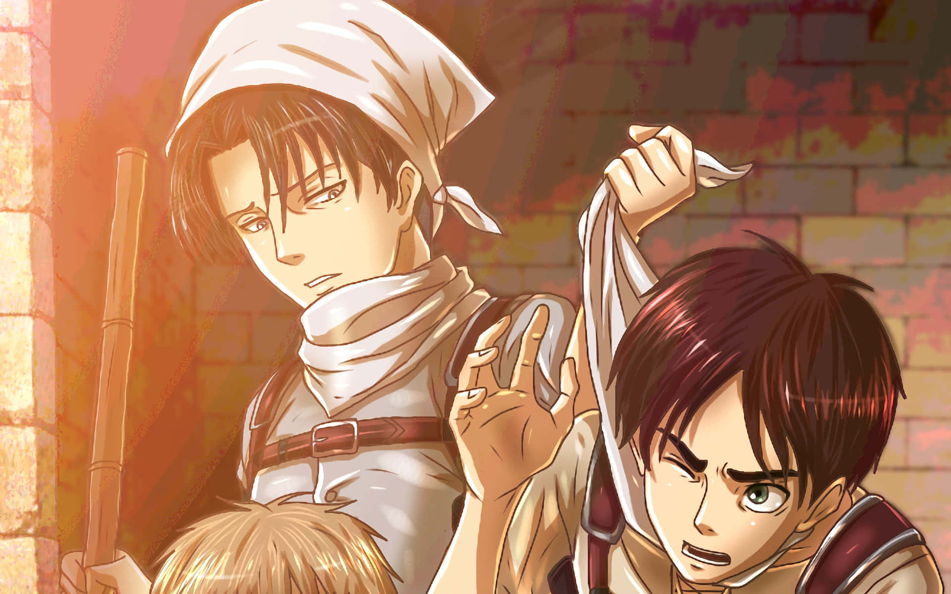Attack On Titan Season 1 桌布 壁紙 — 兩個戴著白色頭巾的堅定動漫角色，在溫暖的夕陽光下靠著磚牆站立。