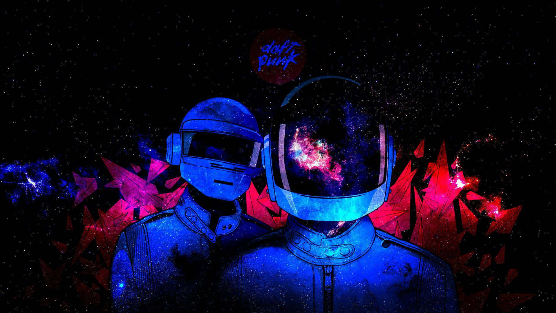 punk 桌布 壁紙 — 兩個戴著藍色頭盔的人物站在星光閃爍的黑色背景前，背景中有發光的粉紅色和藍色宇宙碎片。