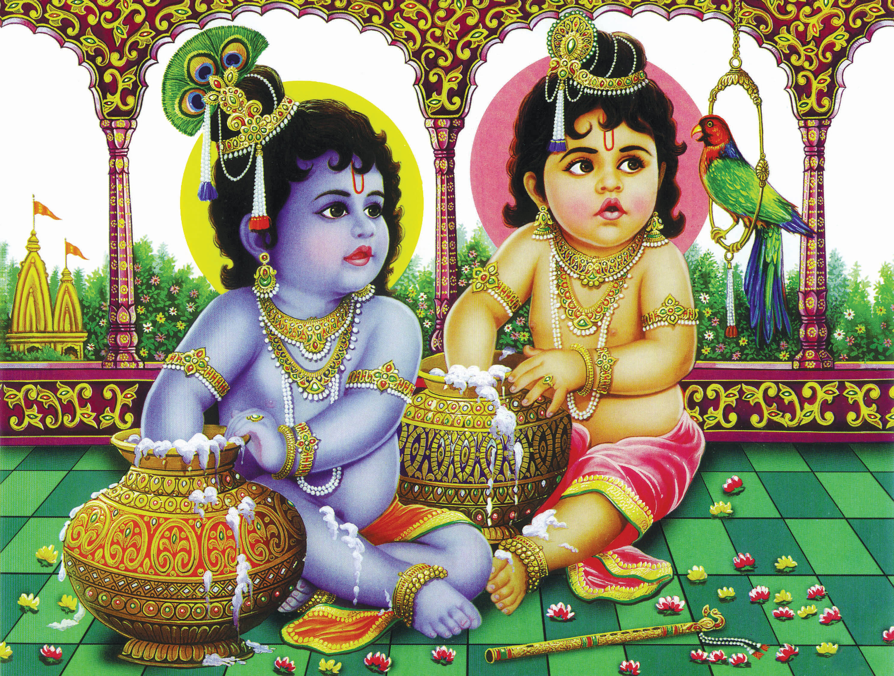 krishna 3d 桌布 壁紙 — 兩個戴著金飾的神聖兒童形象坐在綠色瓷磚地板上，玩著華麗的罐子，一隻鸚鵡棲息在附近。