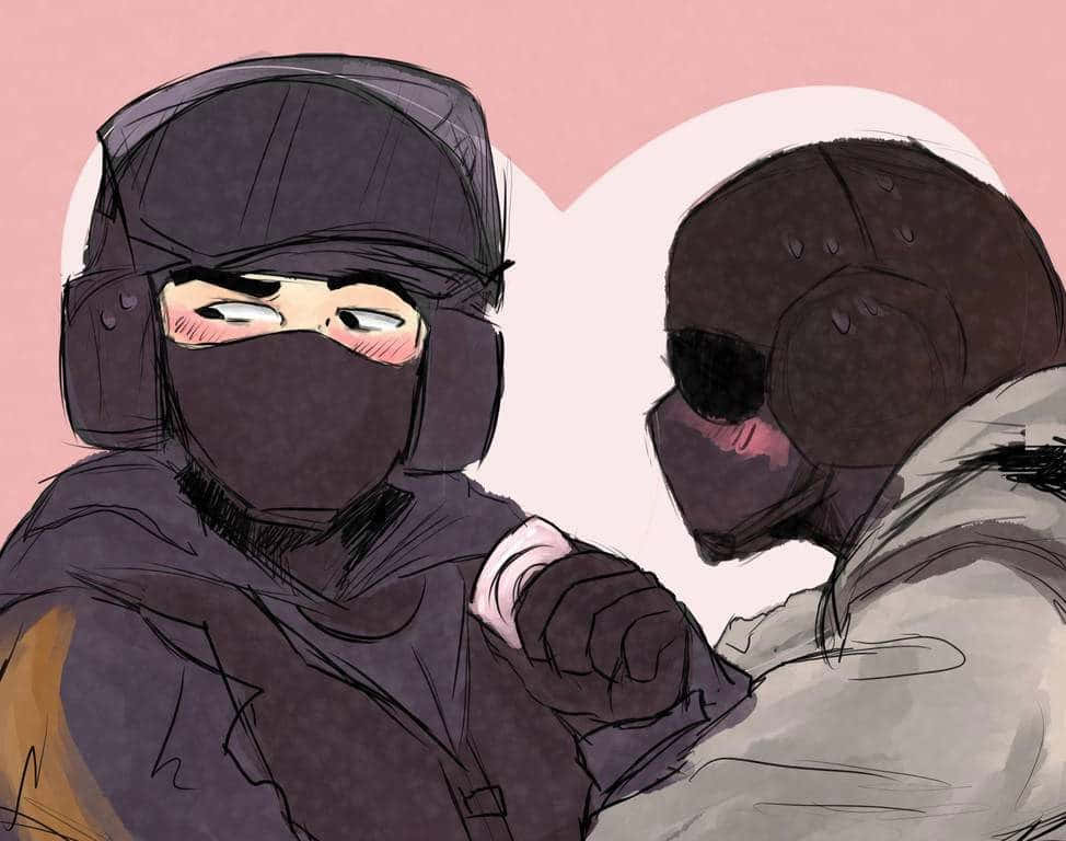 Rainbow Six Siege Bandit 桌布 壁紙 — 兩個戴著面具、身穿戰術裝備的人物，背後有心形光芒，分享著溫馨時刻。
