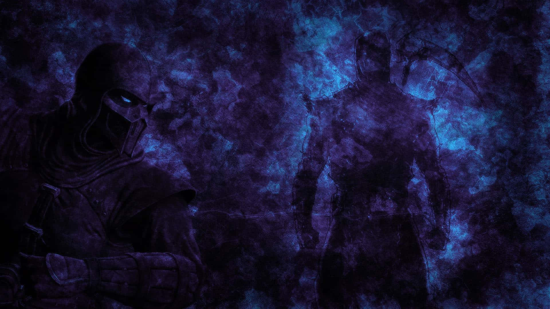 Mortal Kombat Noob Saibot 桌布 壁紙 — 兩個戴著面具、身穿暗色盔甲的戰士，站在煙霧繚繞的紫色和藍色虛空中，一個眼睛發光，另一個像幽靈。