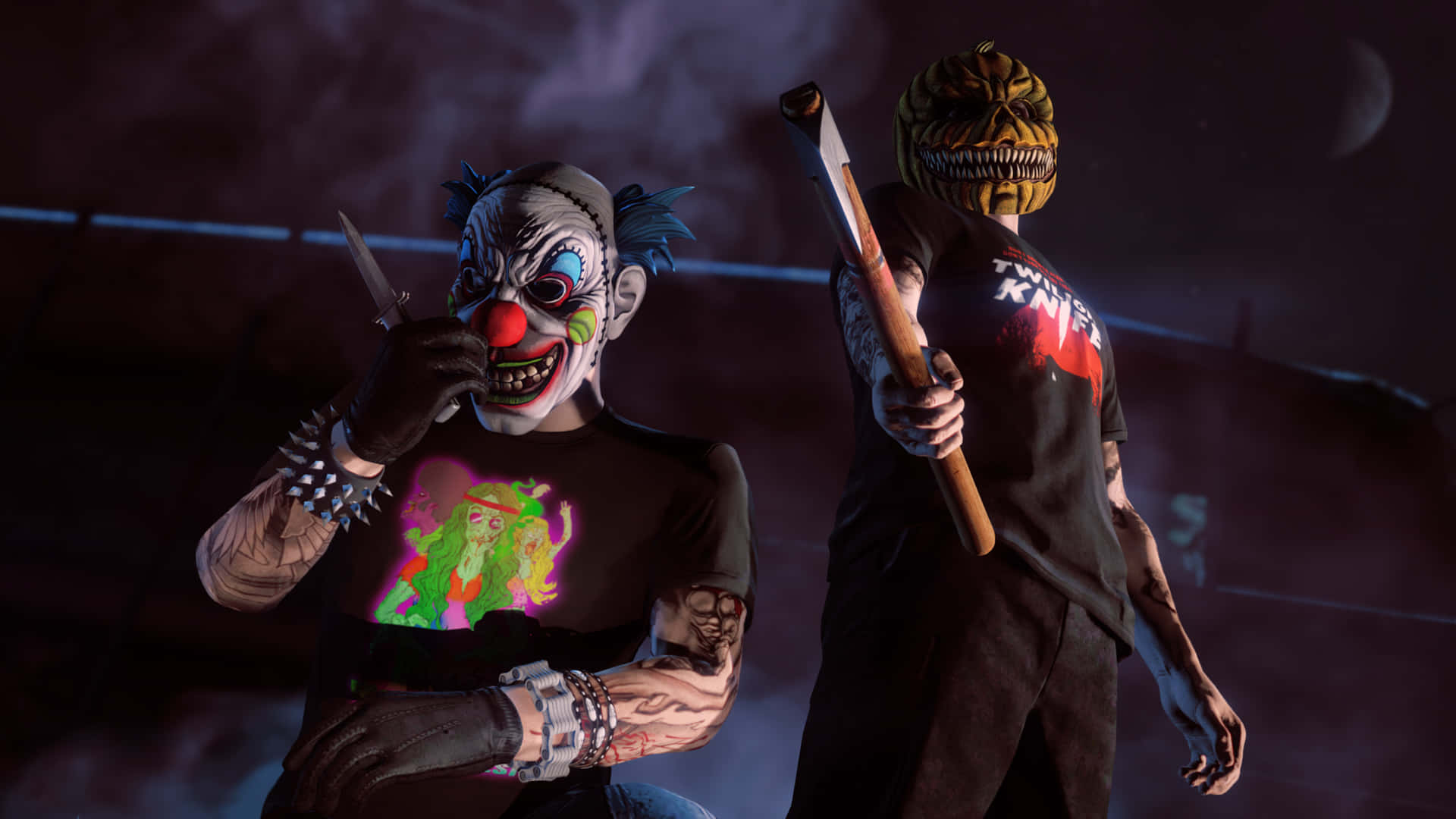 Halloween Games 桌布 壁紙 — 兩個戴著面具的威脅人物，一個化著小丑妝拿著刀，另一個戴著骷髏面具揮舞著斧頭，站在黑暗煙霧彌漫的環境中。