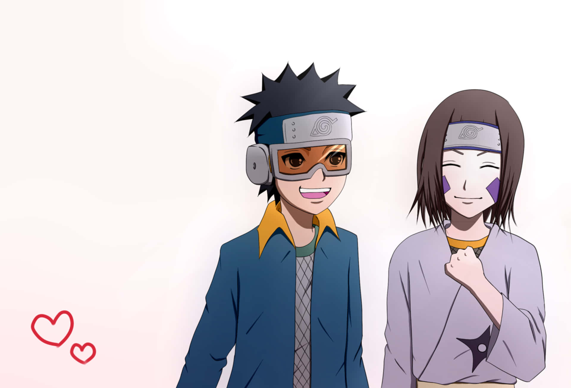 Rin Nohara 桌布 壁紙 — 兩個戴著頭帶和護目鏡的開朗動漫角色，在帶有漂浮心形的柔和粉紅色背景上並排站立。