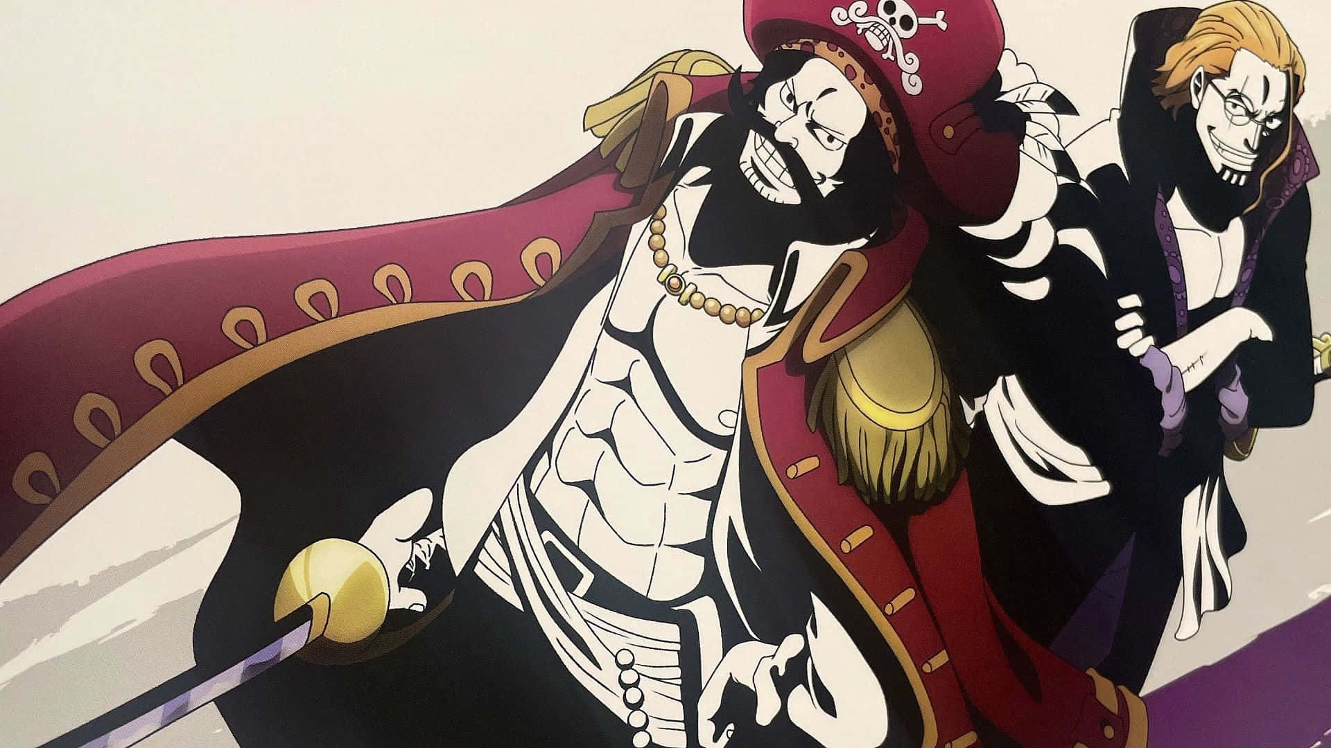 King Of The Pirates 桌布 壁紙 — 兩個戴著骷髏帽的動漫海盜以戲劇性的姿勢自信地站在純色背景前。
