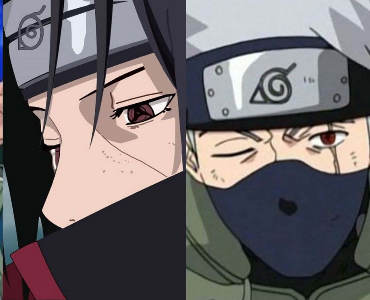 Kakashi And Itachi 桌布 壁紙 — 兩個戴面具、紅眼睛、頭帶上有螺旋標誌的忍者的分屏動漫肖像。