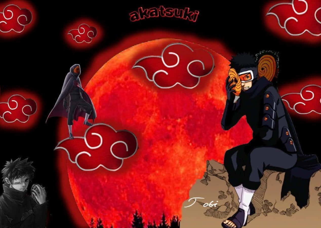Akatsuki Tobi 桌布 壁紙 — 兩個戴面具的忍者站在曉組織的雲下，巨大的紅月前，黑暗的動畫場景。