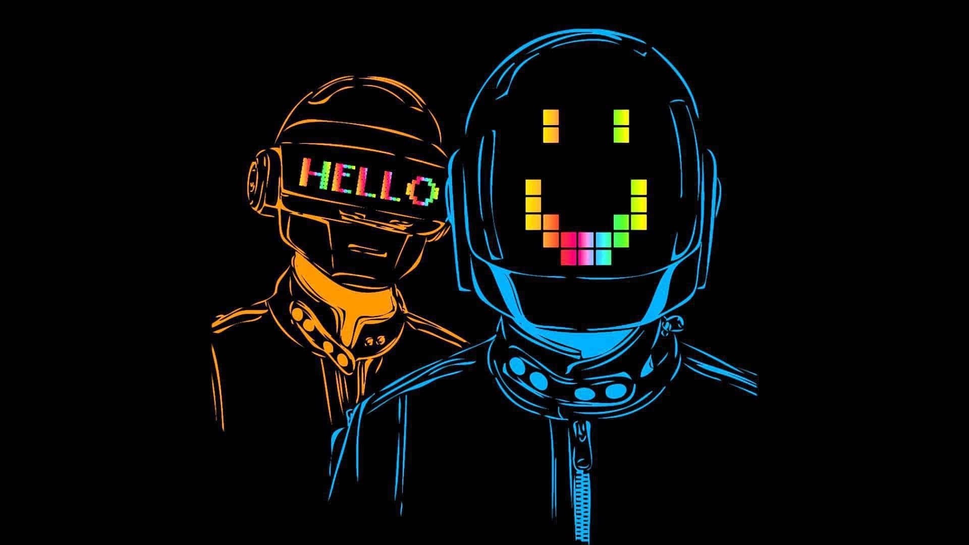 punk 桌布 壁紙 — 兩個戴頭盔的霓虹輪廓人物，一個顯示「HELLO」，另一個顯示像素化微笑，背景為黑色。