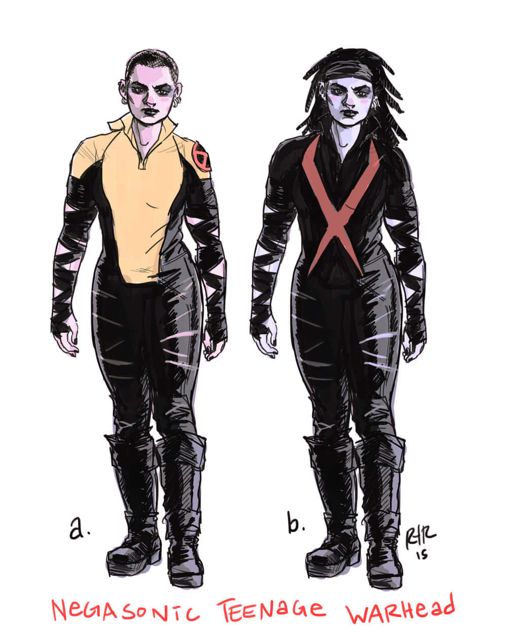 Negasonic Teenage Warhead 桌布 壁紙 — 兩個插圖中的青少年變種人，身穿黑色和黃色的X-Men風格服裝，帶有紅色X標誌，正面站立。