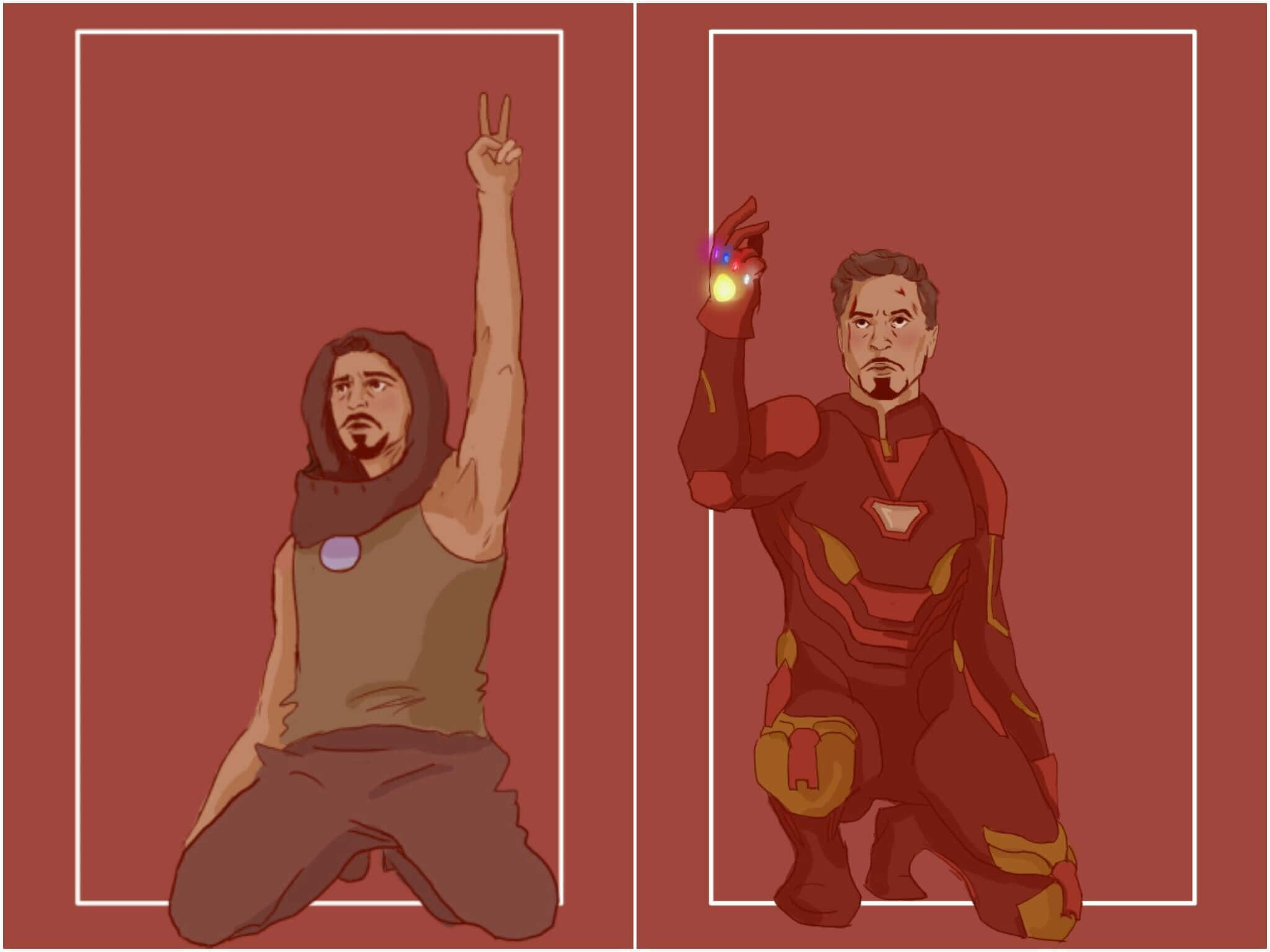 Iron Man Fan Art 桌布 壁紙 — 兩個插圖人物並排跪下，一個穿連帽衫比和平手勢，另一個穿鐵甲奇俠套裝拿著發光手套，背景為紅色。
