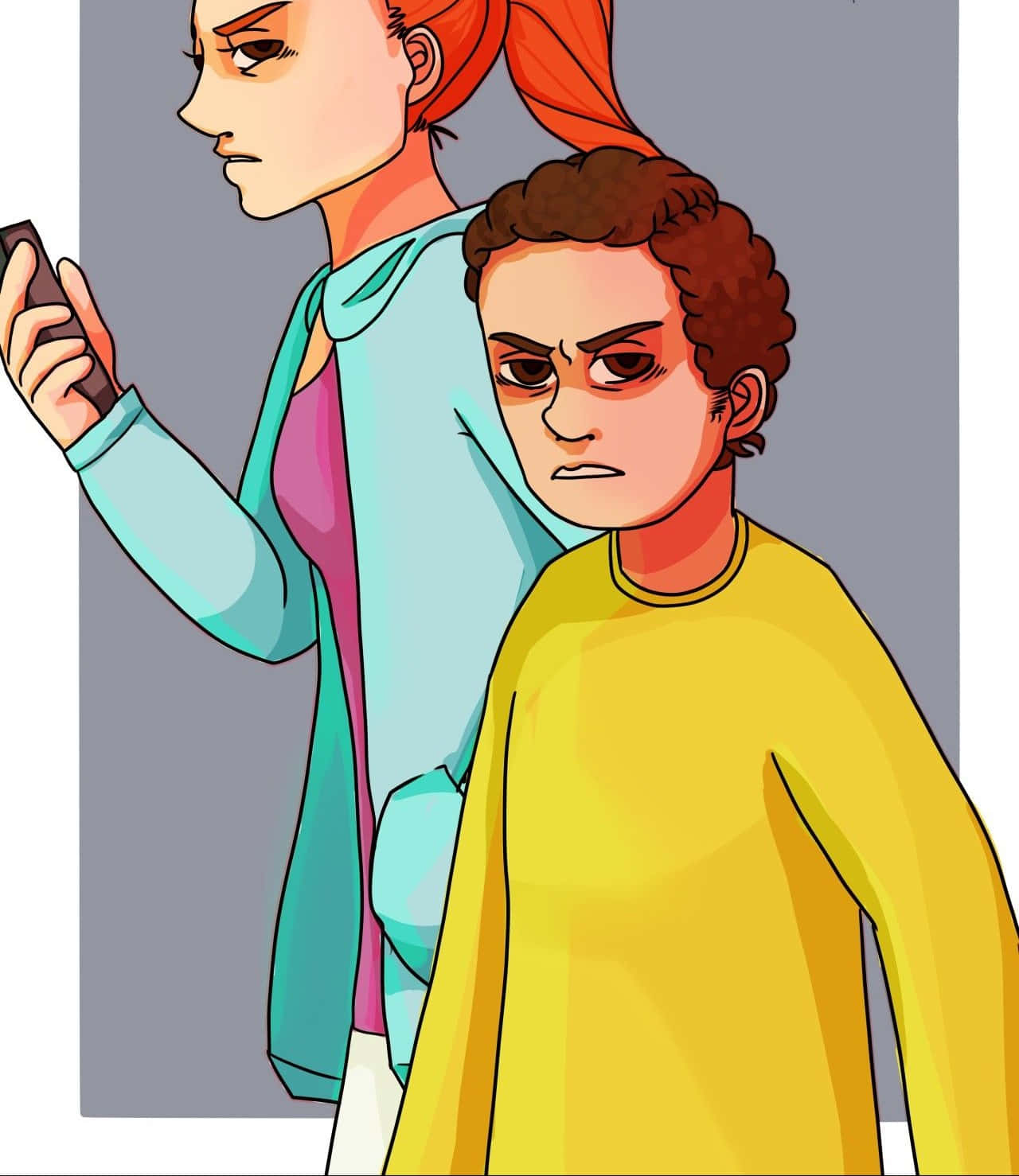 Summer Smith 桌布 壁紙 — 兩個插圖人物帶有憤怒表情，一個穿黃色毛衣，另一個穿青綠色開襟衫，手持電話。