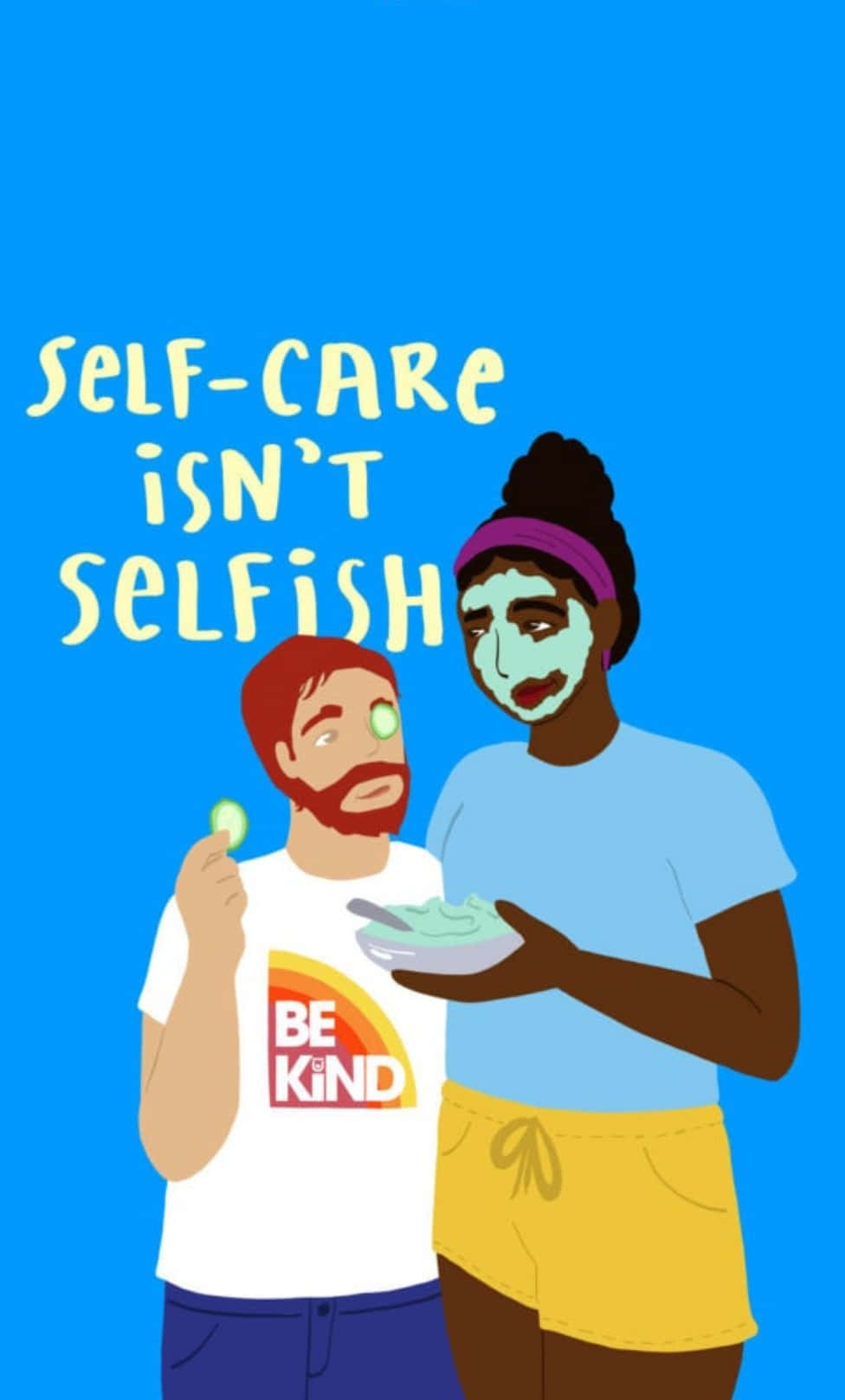 Self Care 桌布 壁紙 — 兩個插圖人物戴著口罩在明亮的藍色背景上微笑，並帶有文字自我照顧不是自私。