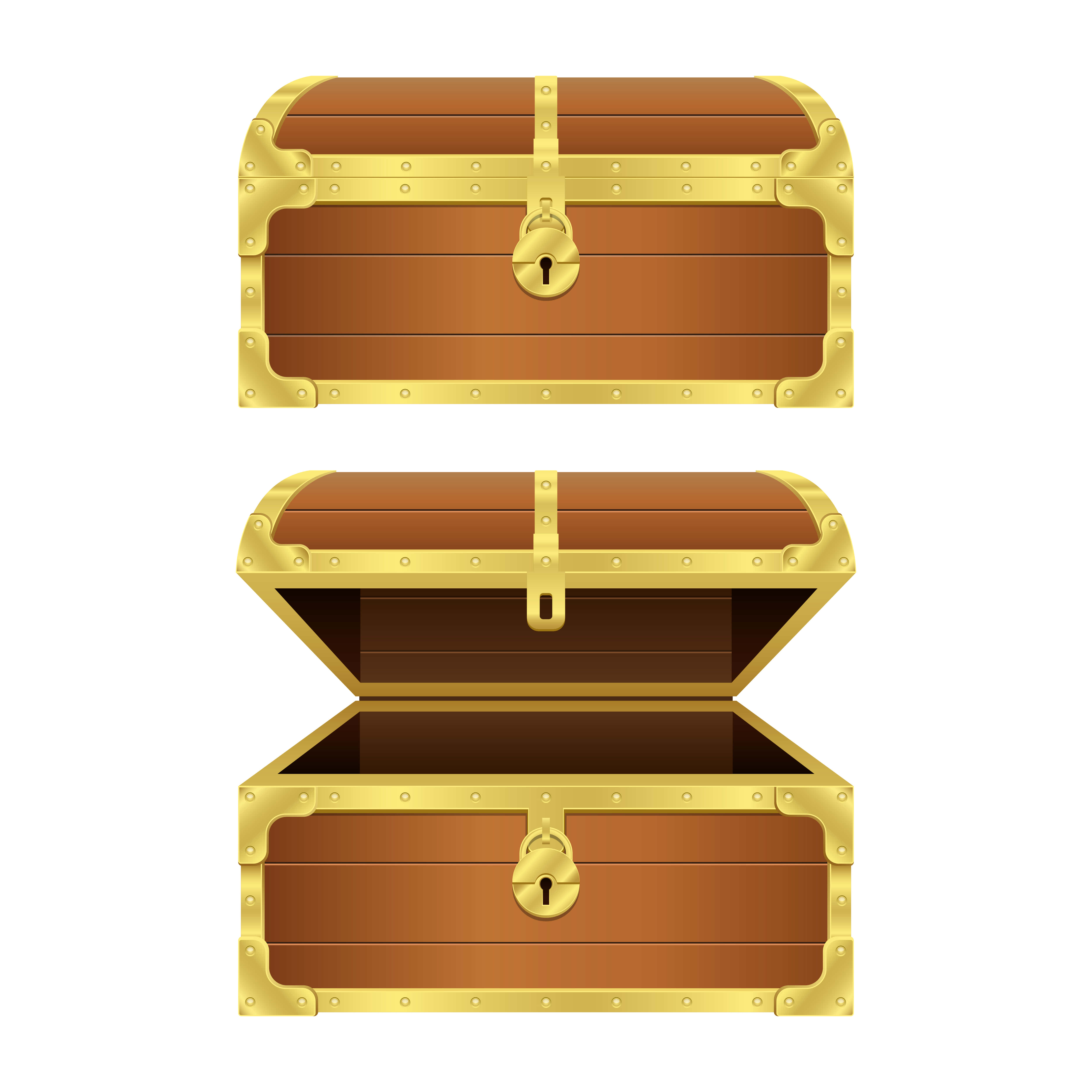 Treasure 桌布 壁紙 — 兩個插圖寶箱，一個鎖著掛鎖，一個打開露出空內部，兩者都有金色飾邊和木板。