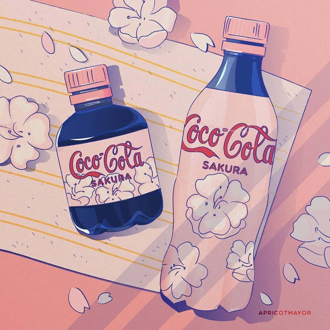 柔和美學 桌布 壁紙 — 兩個插圖風格的Coco-Cola Sakura瓶子放在間隔紙上，周圍有柔和的粉彩調飄落的櫻花。