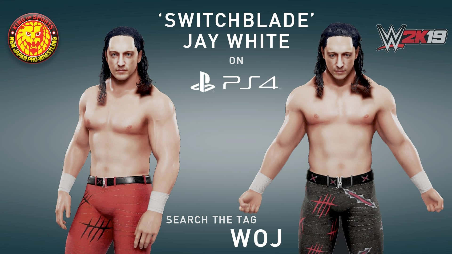 Switchblade Jay White WWE 2K19 壁紙 — 兩個摔角手 Jay White 的數位渲染，穿著對比鮮明的紅色和黑色緊身褲，背景為灰色，帶有遊戲品牌標誌。