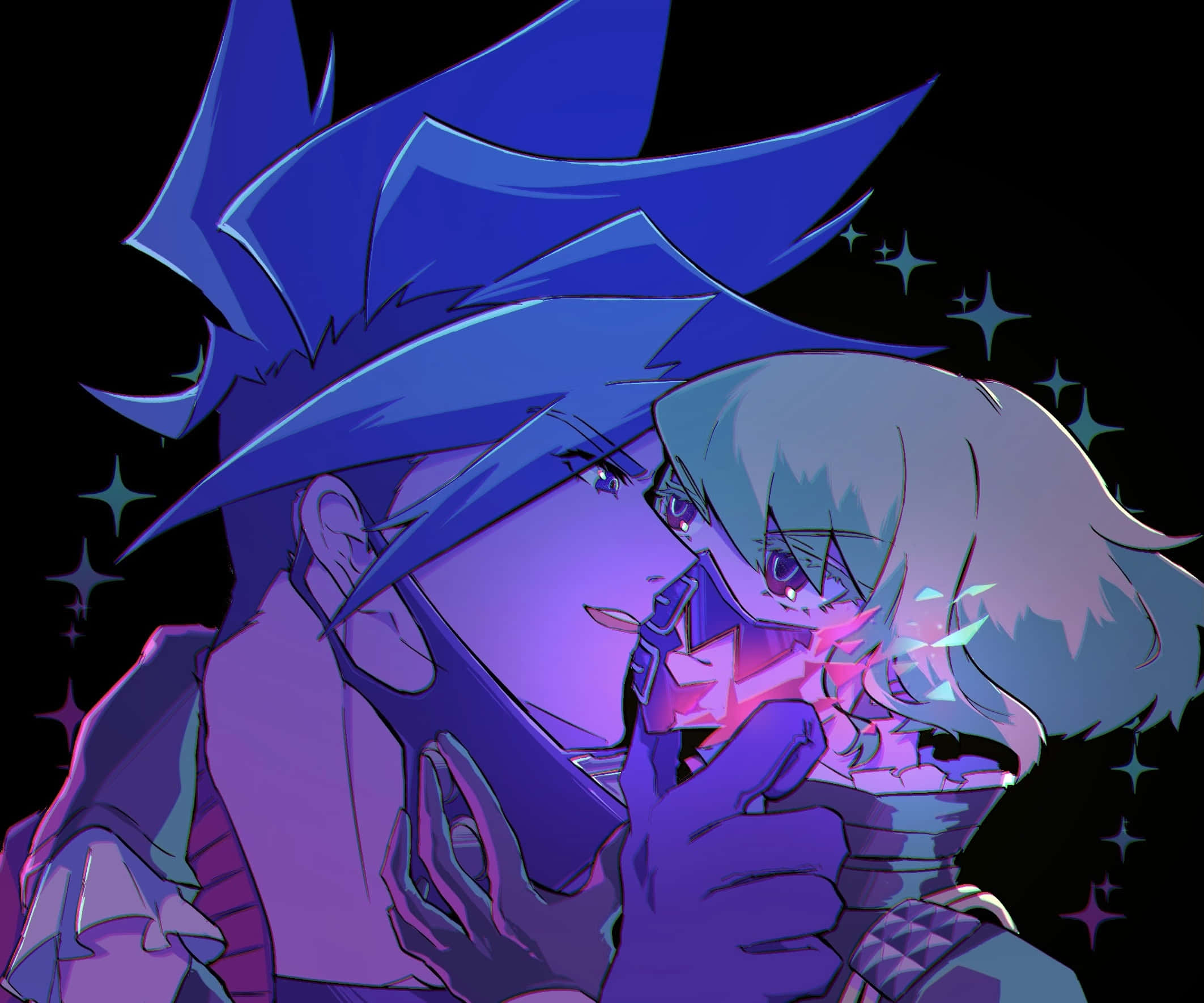 Promare 桌布 壁紙 — 兩個擁有尖刺藍色頭髮的動漫角色，在閃爍著紫色和粉紅色光芒的星空黑色背景前分享親密時刻。