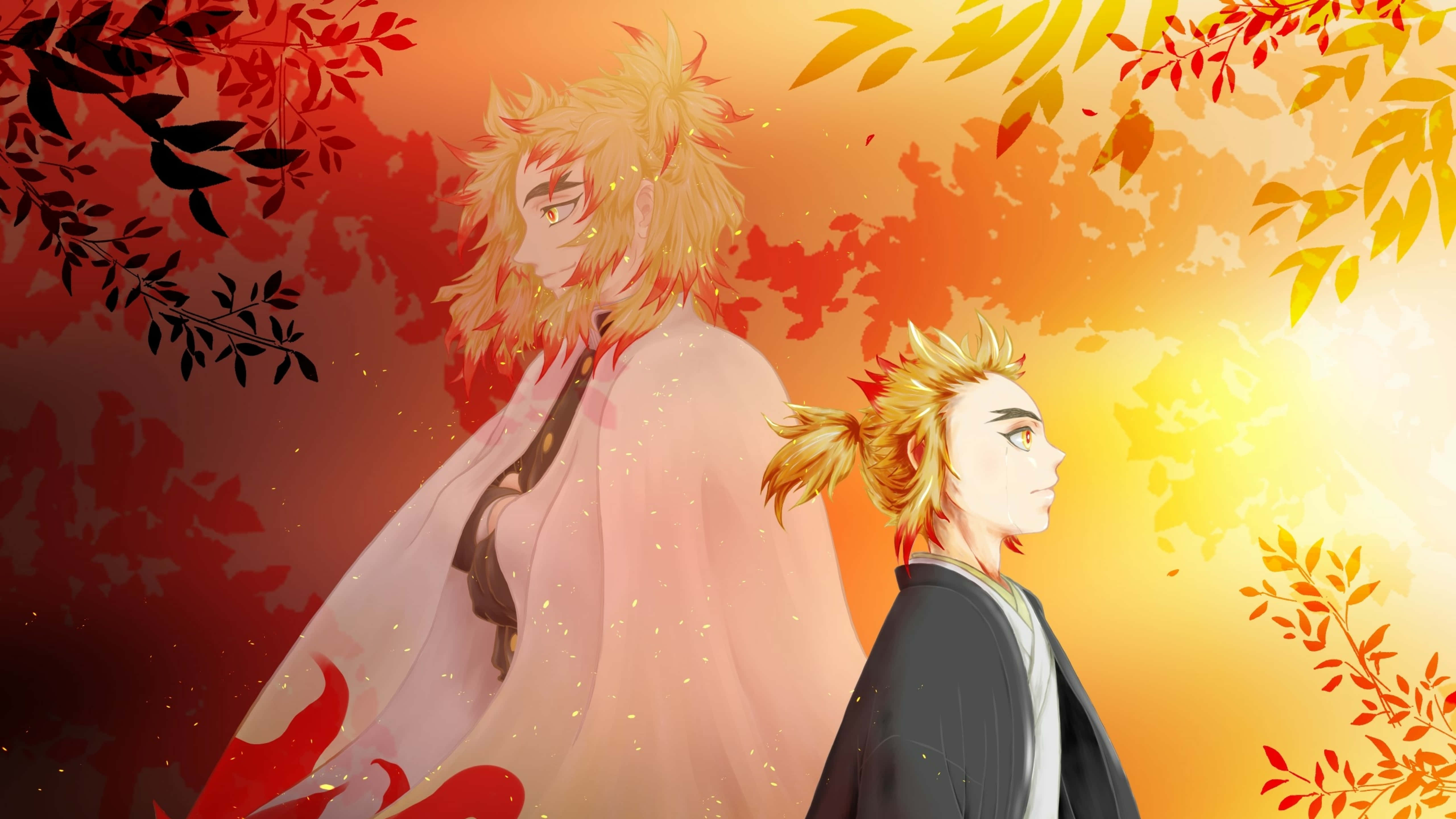 Senjuro Rengoku 桌布 壁紙 — 兩個擁有尖刺金髮的動漫角色站在秋葉下，背景是溫暖的橙色夕陽天空。