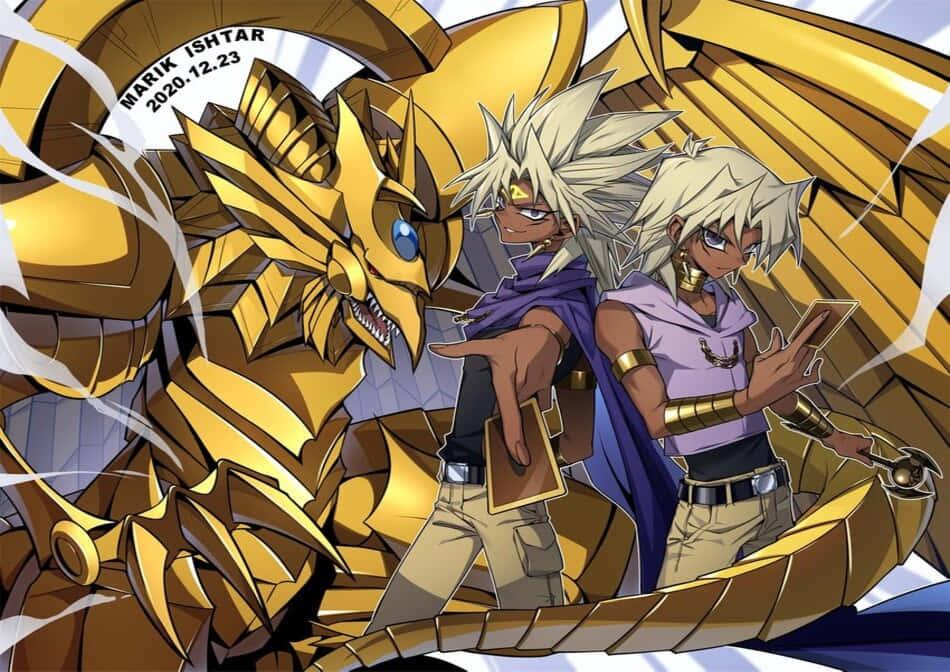 Marik Ishtar 桌布 壁紙 — 兩個擁有尖刺金髮的動漫角色自信地站在一隻擁有藍色眼睛和鋒利牙齒的巨大金色龍旁邊。