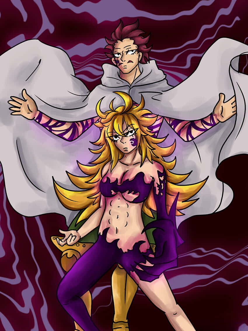 Seven Deadly Sins Derieri 桌布 壁紙 — 兩個擁有尖刺頭髮和戲劇性姿勢的動漫角色，站在旋轉的紫色和栗色背景前。