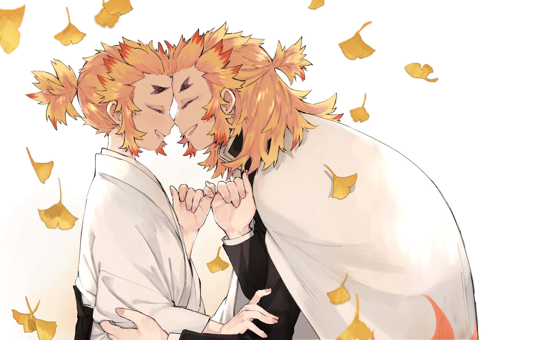 Senjuro Rengoku 桌布 壁紙 — 兩個擁有火橙色頭髮的動漫角色在柔和的白色背景下溫柔擁抱，金色銀杏葉在他們周圍飄落。