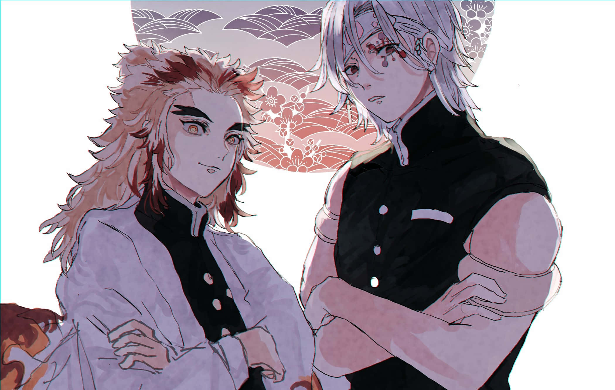 Rengoku And Tengen 桌布 壁紙 — 兩個擁有獨特髮型和服裝的動漫角色，自信地站在風格化的日本波浪和櫻花背景前。