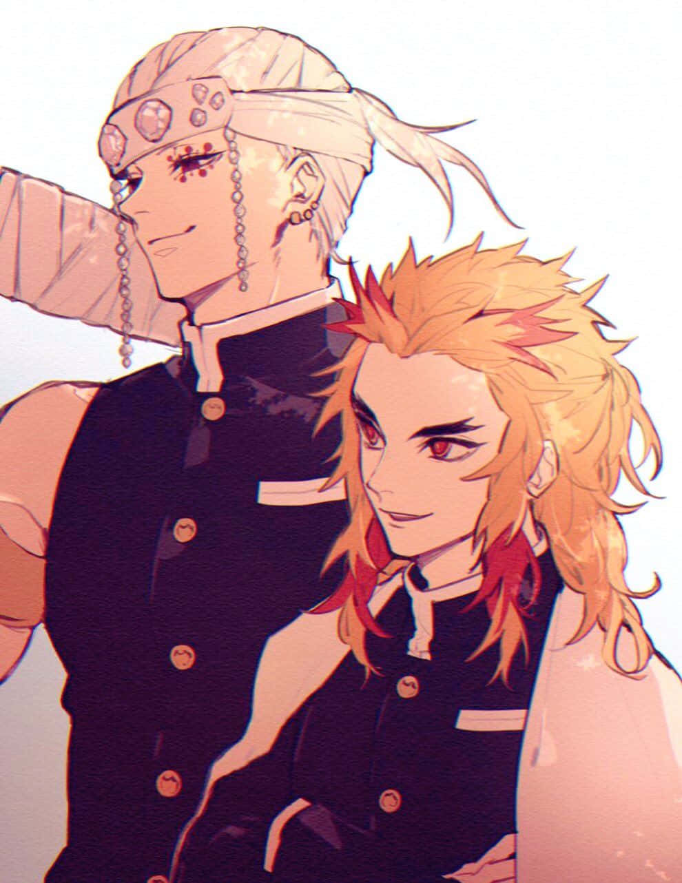 Rengoku And Tengen 桌布 壁紙 — 兩個擁有獨特髮型和面部標記的動漫角色在風格化的插圖中緊密地站在一起。