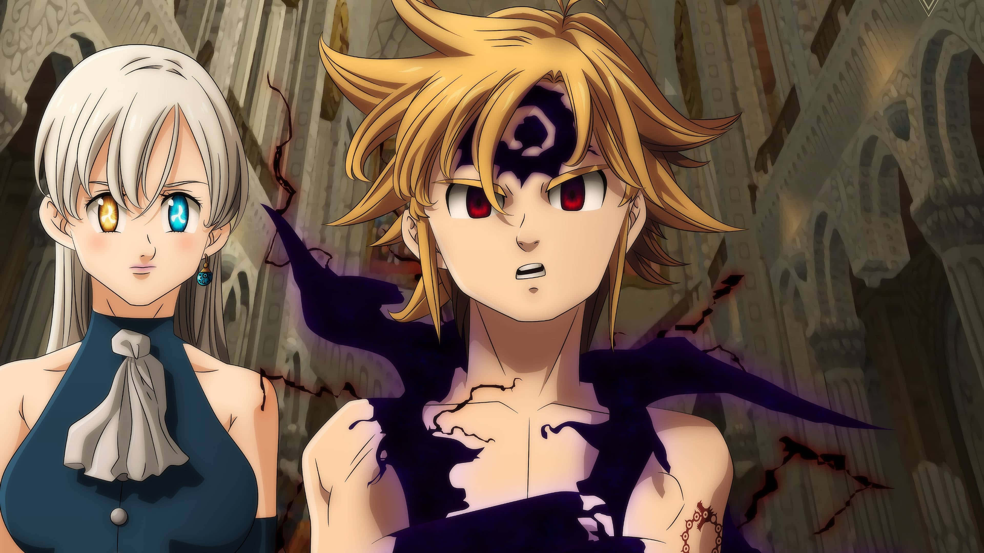 Seven Deadly Sins Elizabeth Liones 桌布 壁紙 — 兩個擁有異色瞳的動漫角色站在哥德式大教堂中，周圍有黑暗能量噼啪作響。