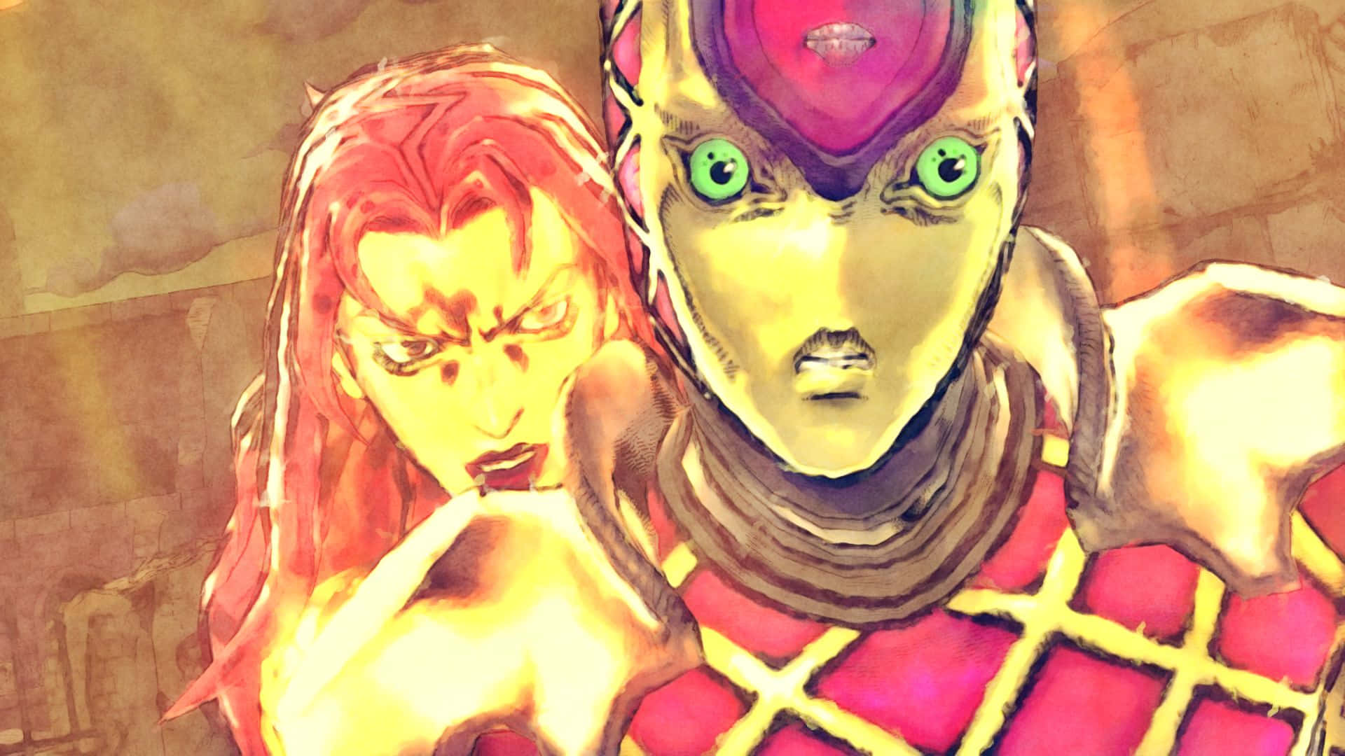 Jojo King Crimson 桌布 壁紙 — 兩個擁有發光綠色眼睛和火紅頭髮的動漫角色，站在一個暖色調的風格化場景中。