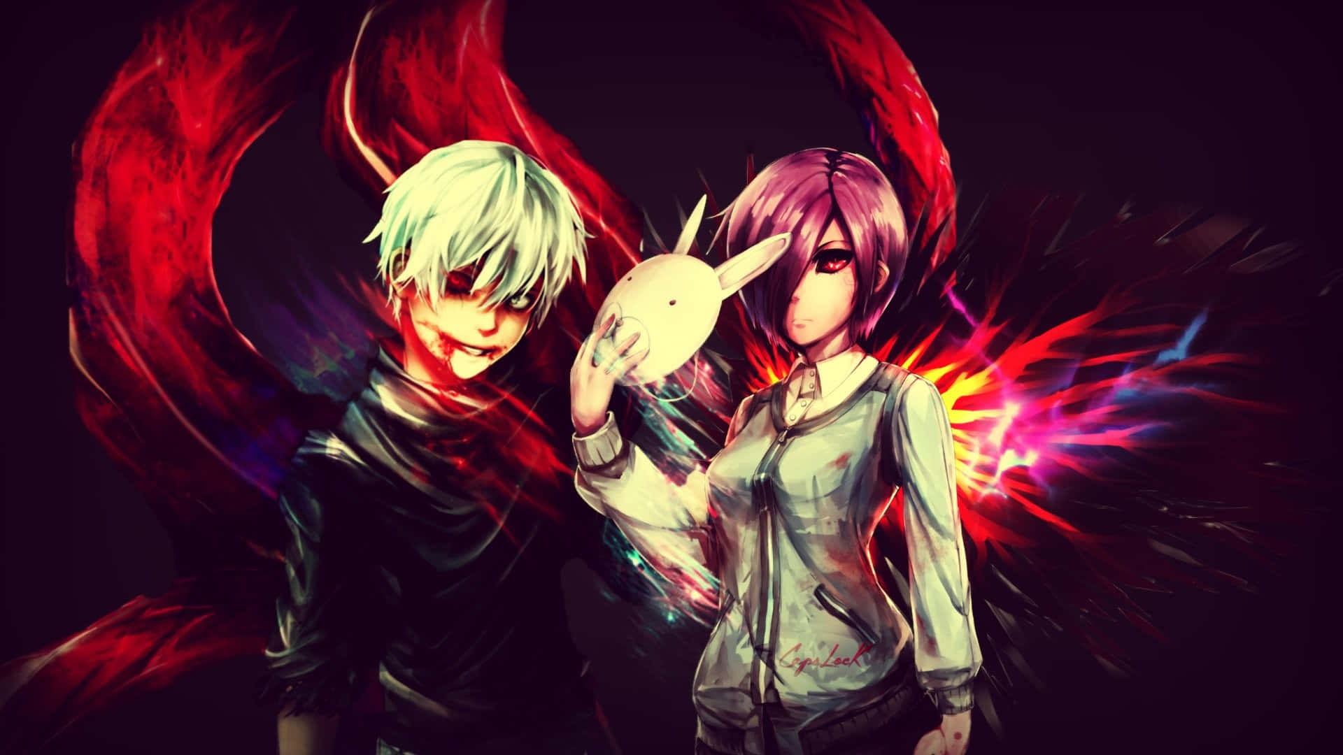 Touka Kirishima 桌布 壁紙 — 兩個擁有紅色能量翅膀的動漫角色站在深色背景前，其中一個拿著白色兔子面具。