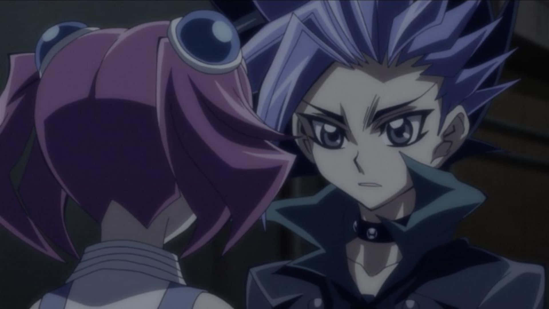 Yu-gi-oh Yuto 桌布 壁紙 — 兩個擁有紫色和藍色尖刺頭髮的動漫角色在昏暗場景中面對面。