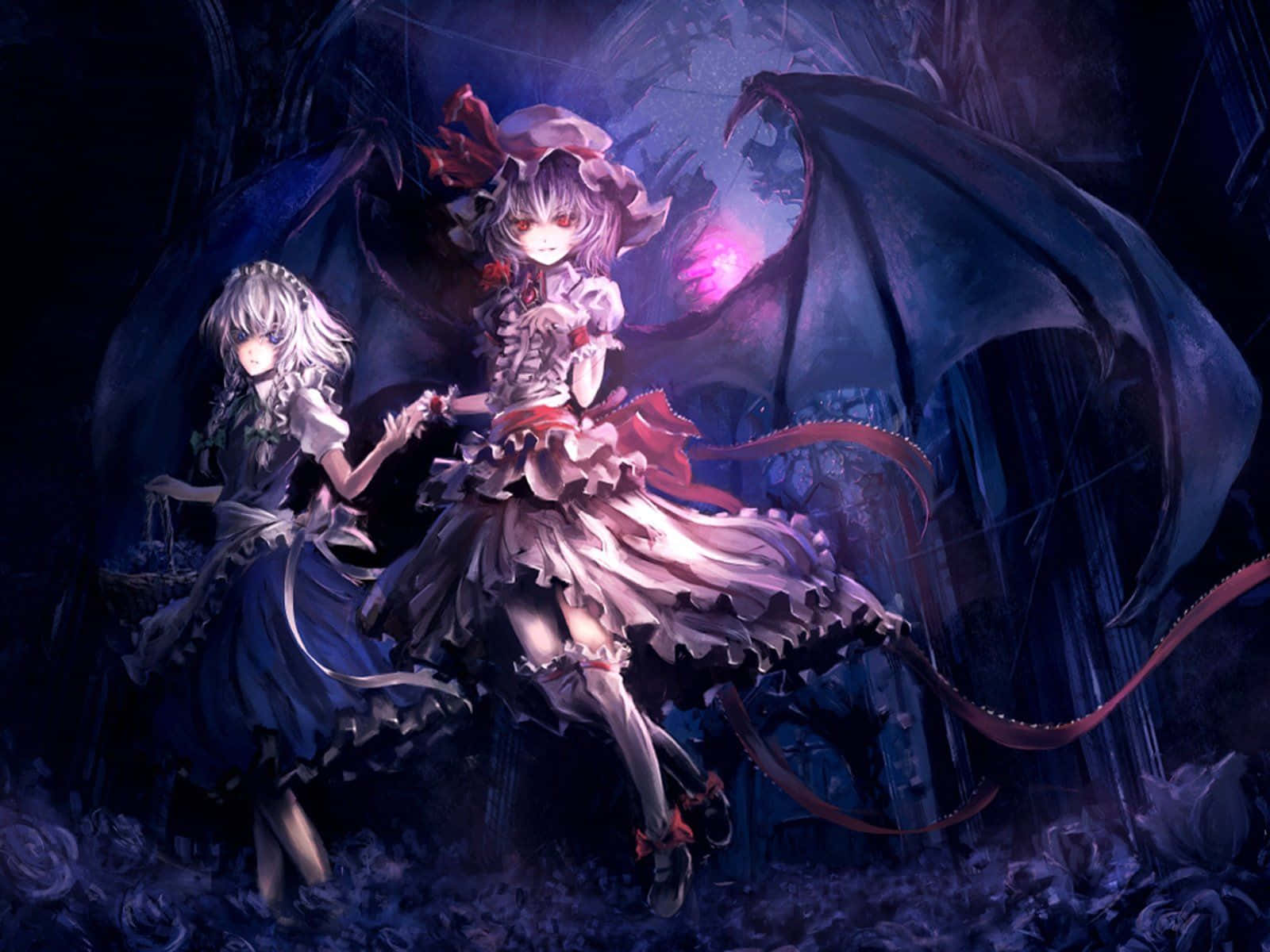 Purple Anime 桌布 壁紙 — 兩個擁有蝙蝠翅膀和哥德式連衣裙的動漫女孩站在月光下的深紫色哥德式廢墟中。