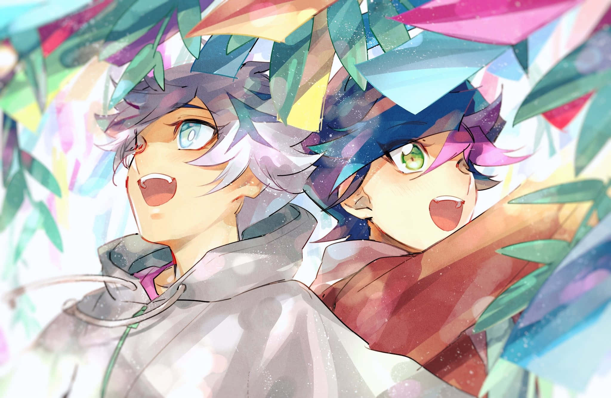Ryoken Kogami 桌布 壁紙 — 兩個擁有鮮豔髮色和富表現力眼睛的動漫角色，在色彩繽紛的水晶般葉片瀑布中快樂地微笑。