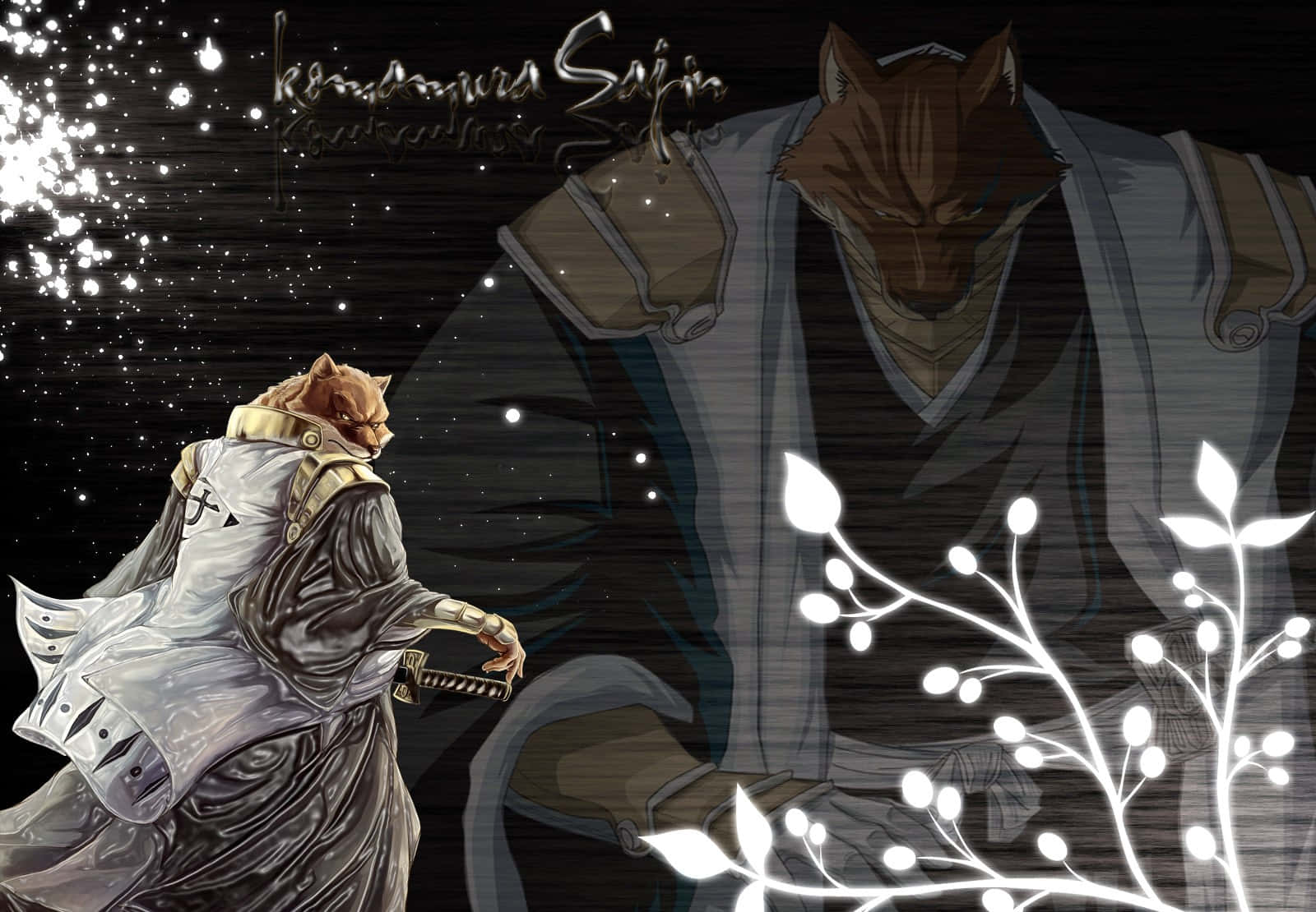Sajin Komamura 桌布 壁紙 — 兩個擬人化嘅狐狸戰士穿著精細盔甲，喺星光燦爛嘅夜空下，伴隨著發光嘅白色花枝。