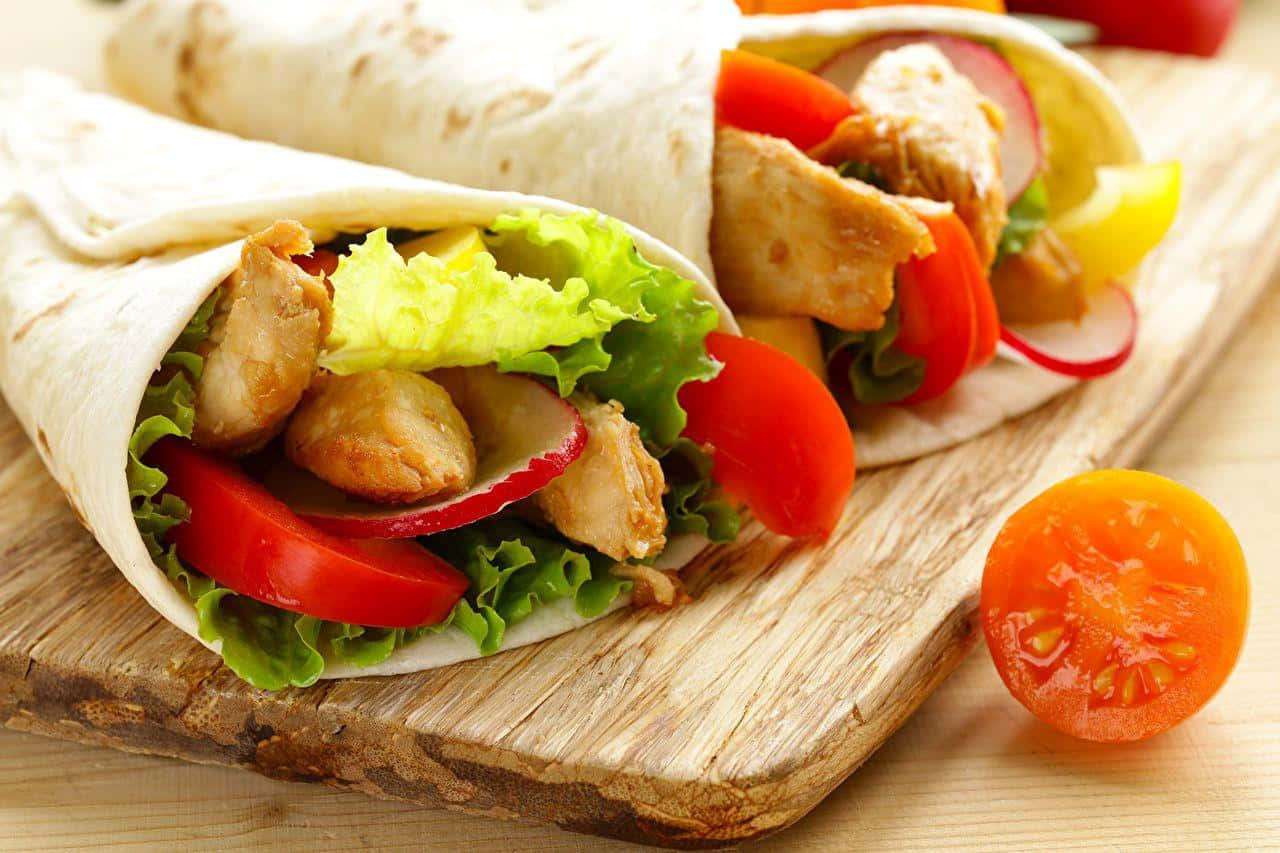 Taco 桌布 壁紙 — 兩個新鮮雞肉捲，內有生菜、番茄和蘿蔔，放在質樸的木板上，旁邊有半個車厘茄。