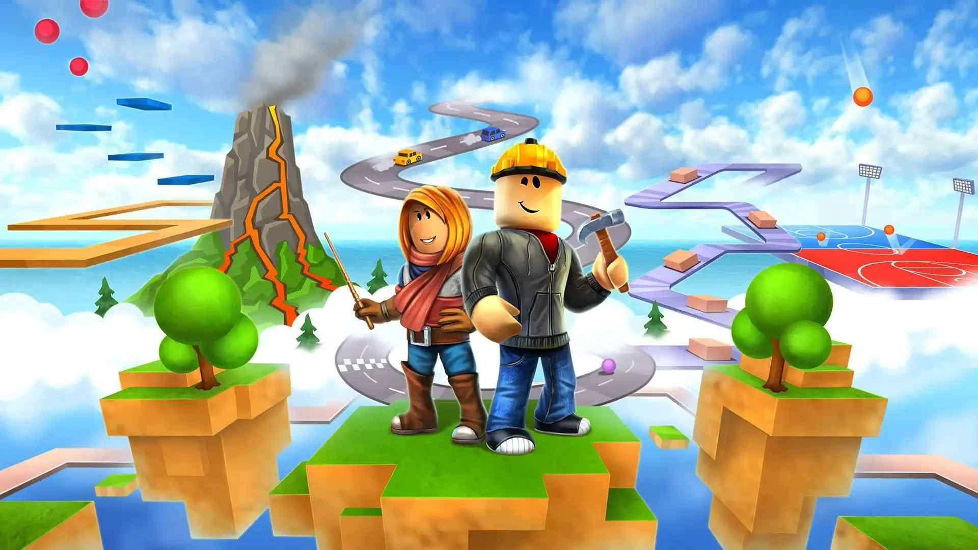 型格Roblox 桌布 壁紙 — 兩個方塊卡通角色站在浮島上，處於一個充滿活力的3D渲染遊戲世界，有火山和運動場。