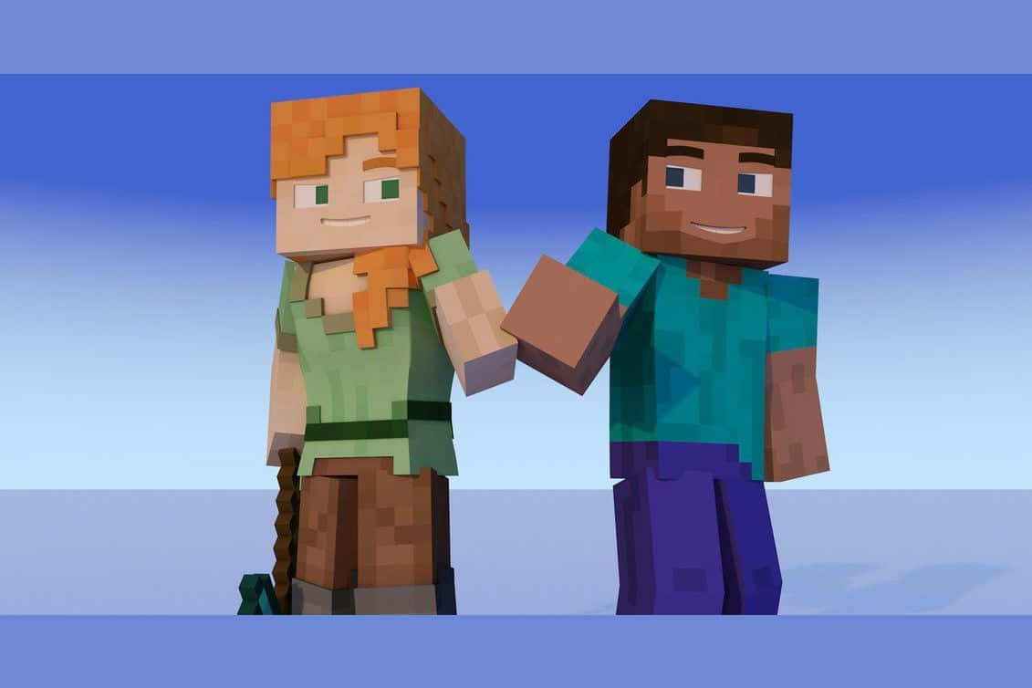 Minecraft Alex 桌布 壁紙 — 兩個方塊狀的 Minecraft 角色並排站立，背景是漸變藍色天空和簡單的地平線。