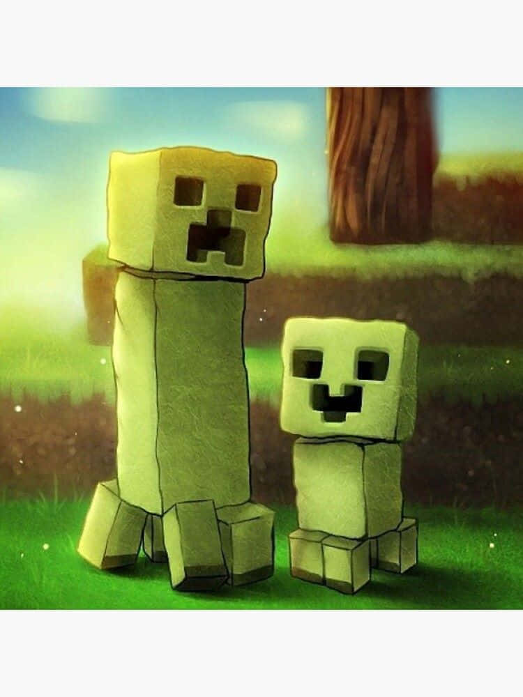 Minecraft Art 桌布 壁紙 — 兩個方塊狀的Minecraft苦力怕並排站在草地上，上方是柔和的藍天。
